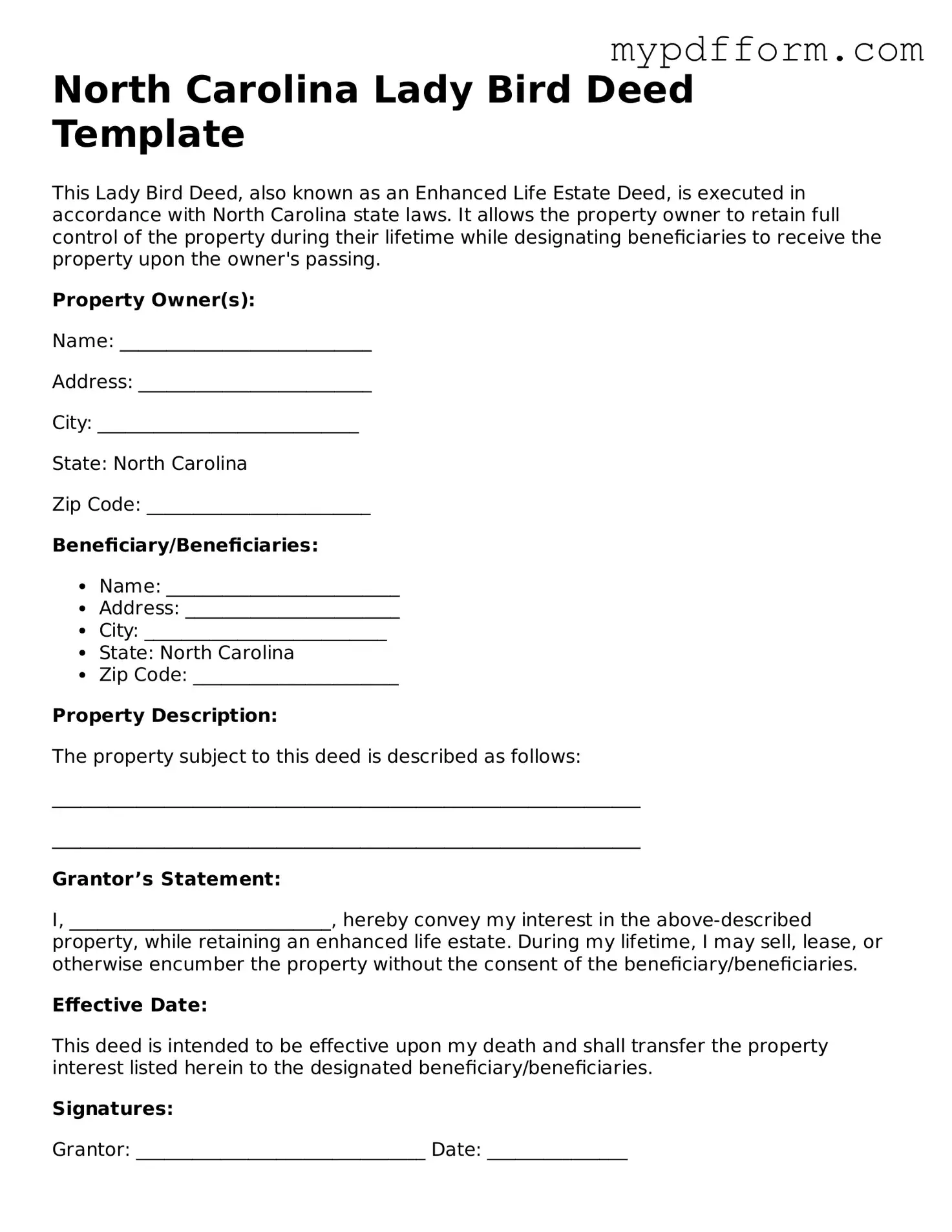 Valid  Lady Bird Deed Template for North Carolina