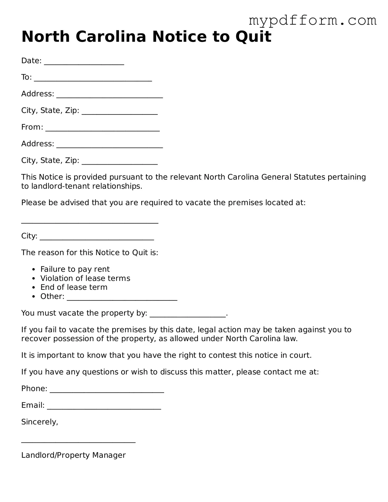 Valid  Notice to Quit Template for North Carolina
