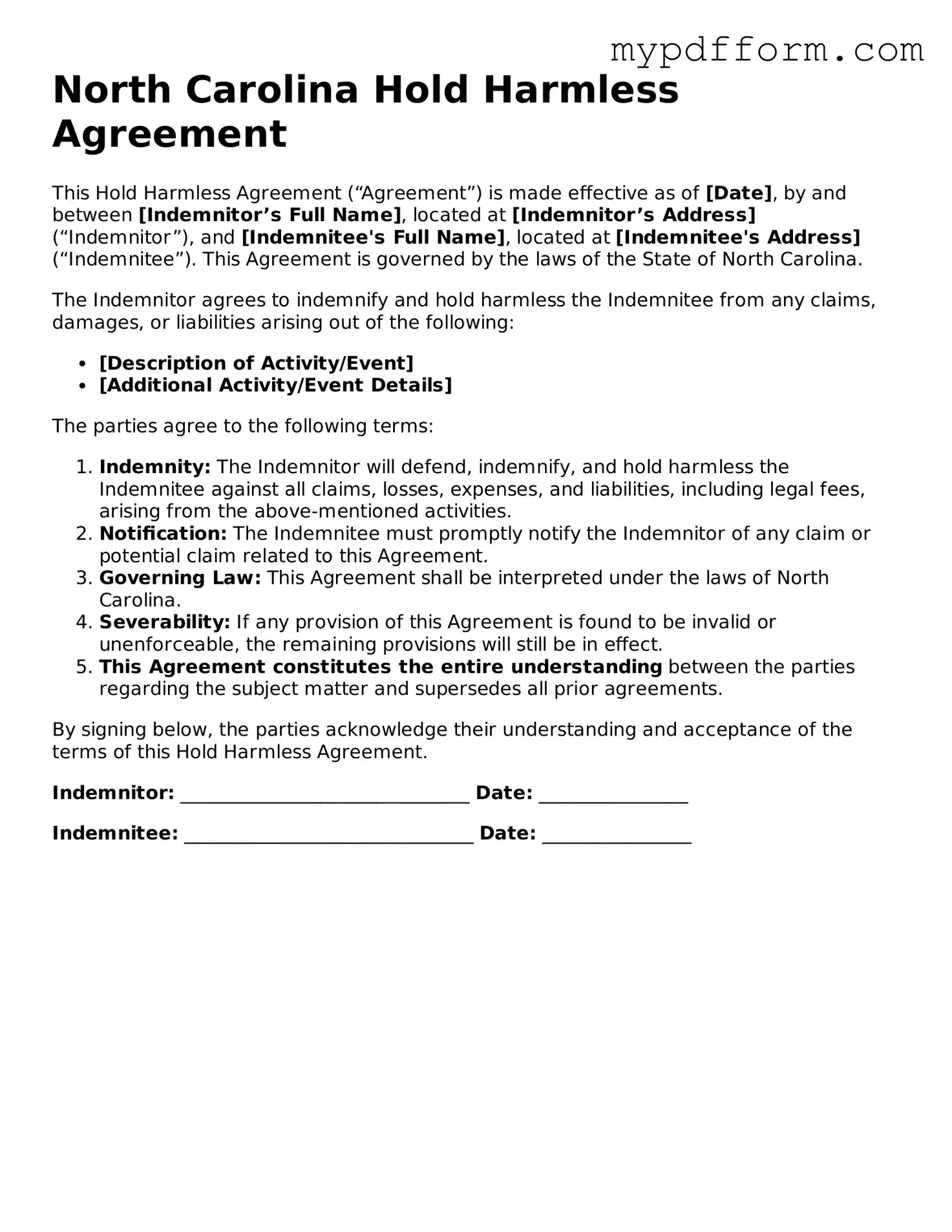 Valid  Hold Harmless Agreement Template for North Carolina