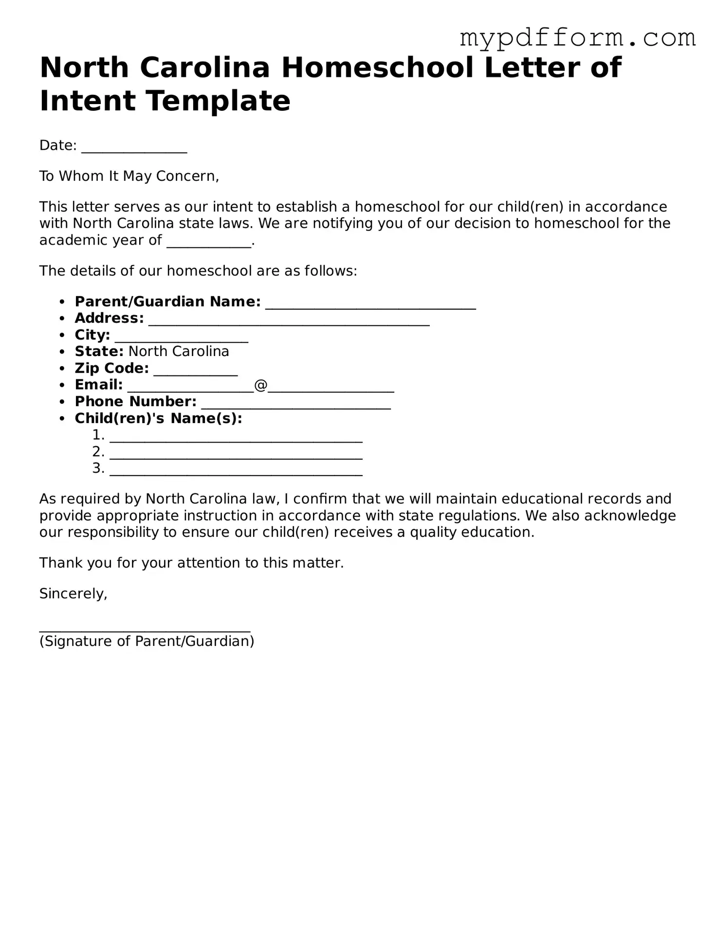 Valid  Homeschool Letter of Intent Template for North Carolina