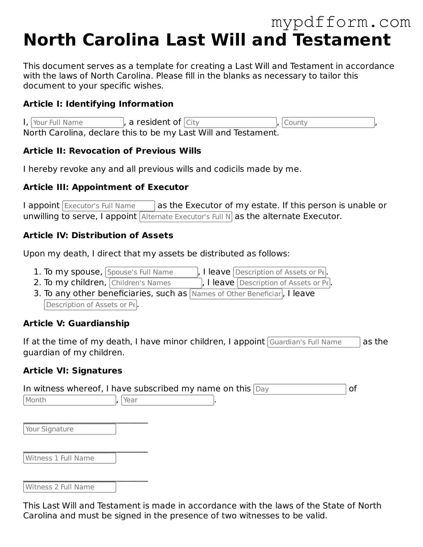 Valid  Last Will and Testament Template for North Carolina