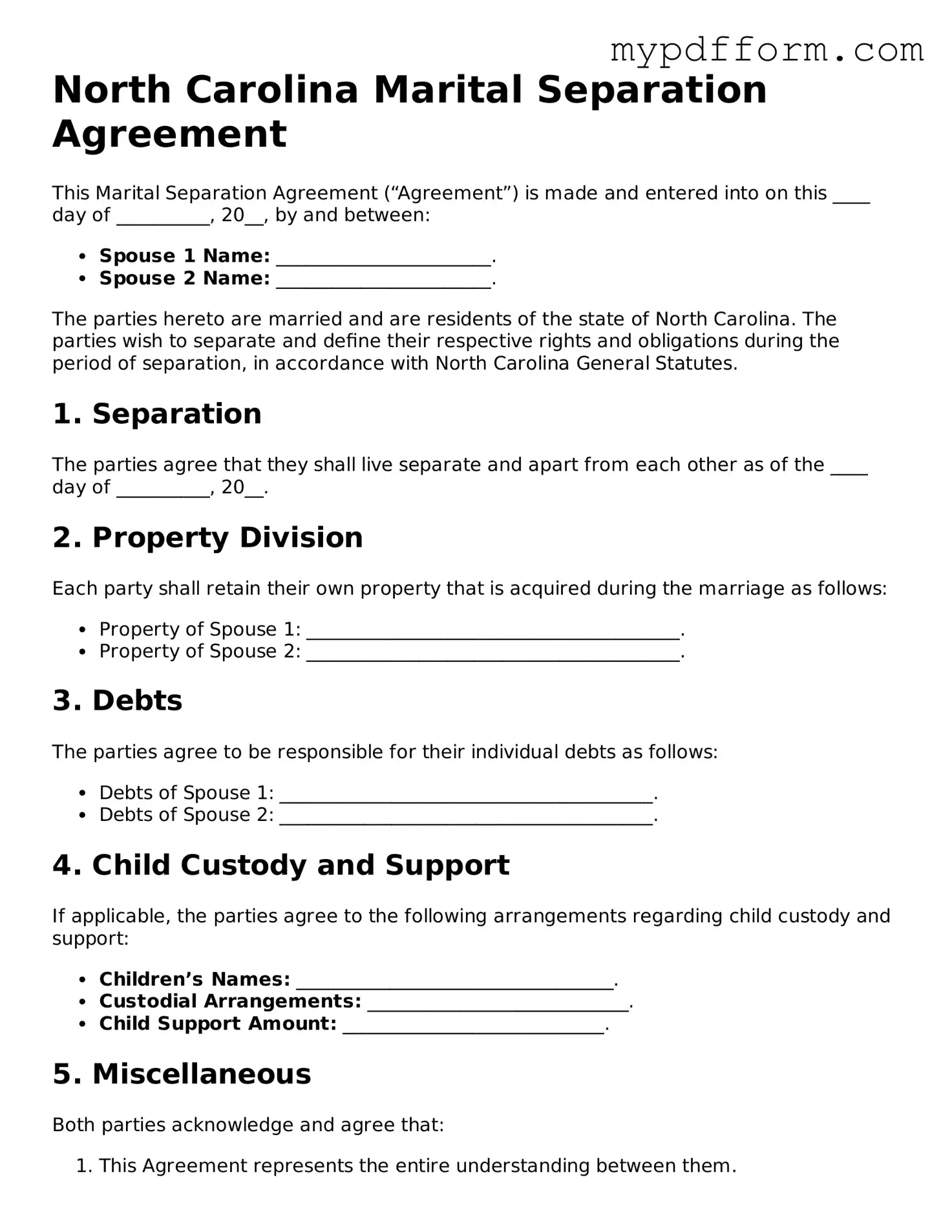 Valid  Marital Separation Agreement Template for North Carolina