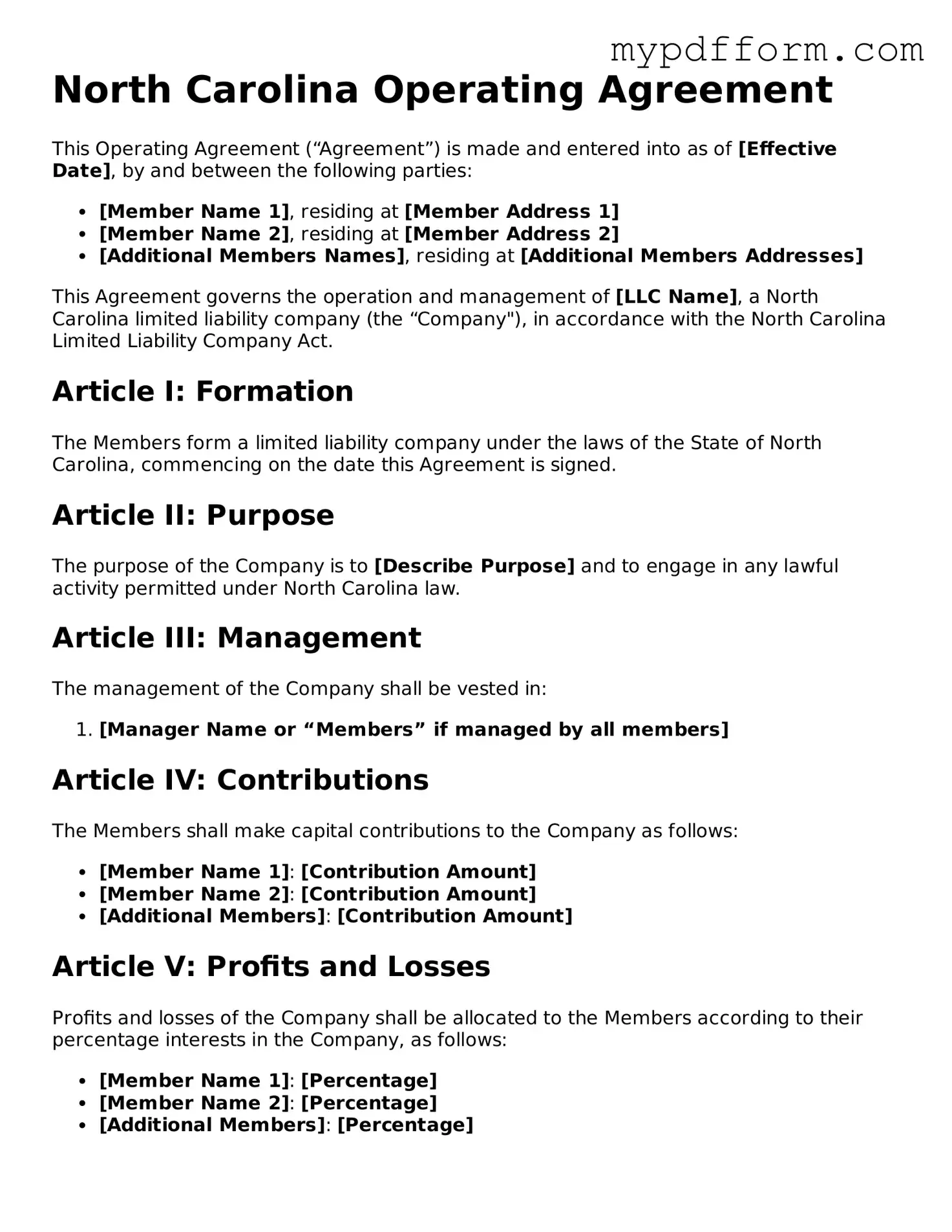 Valid  Operating Agreement Template for North Carolina