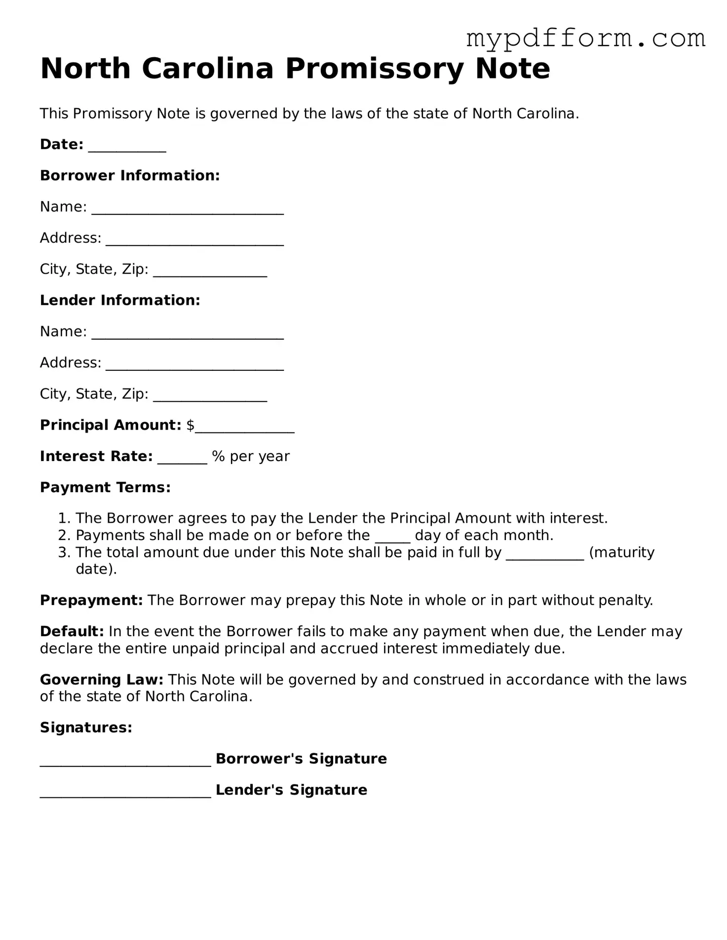 Valid  Promissory Note Template for North Carolina