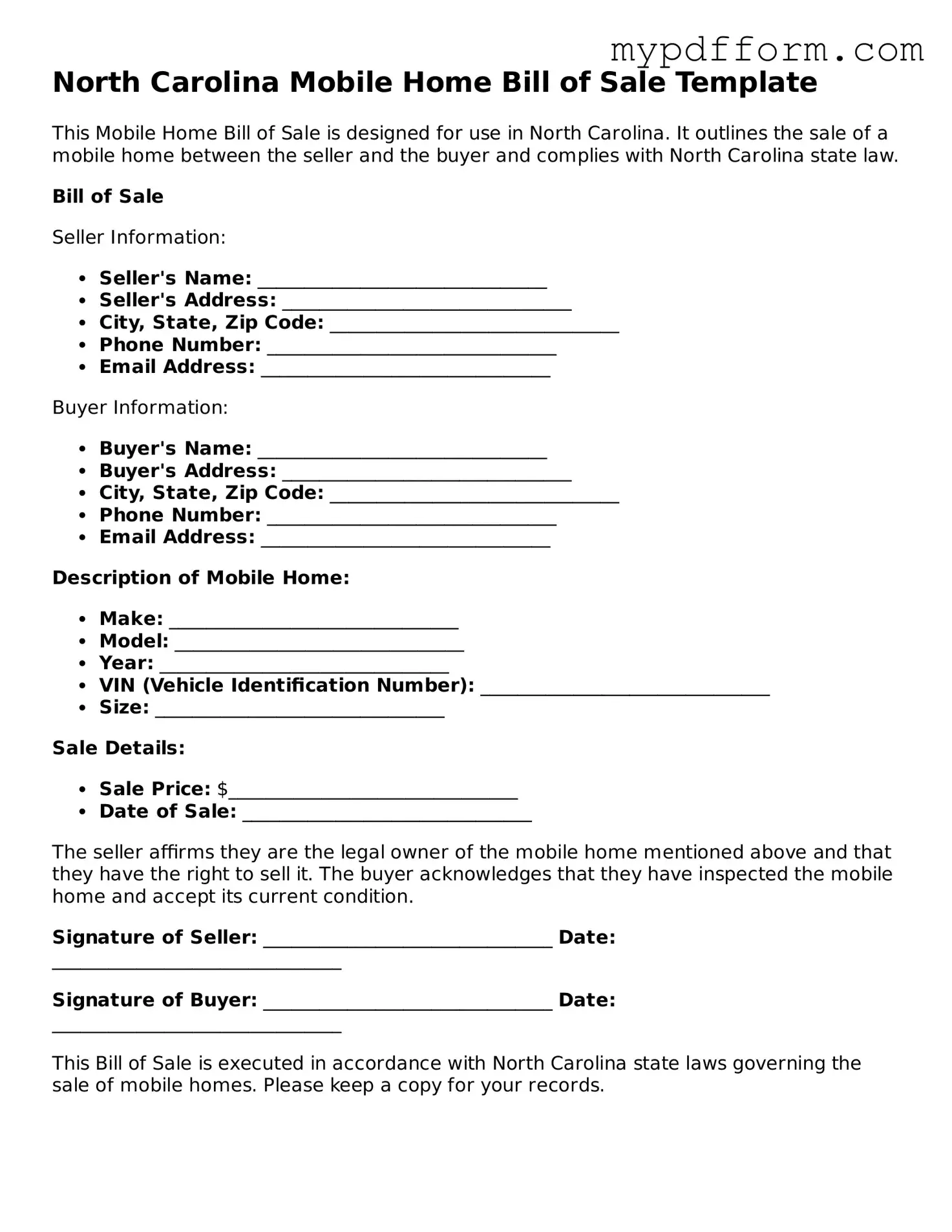 Valid  Mobile Home Bill of Sale Template for North Carolina