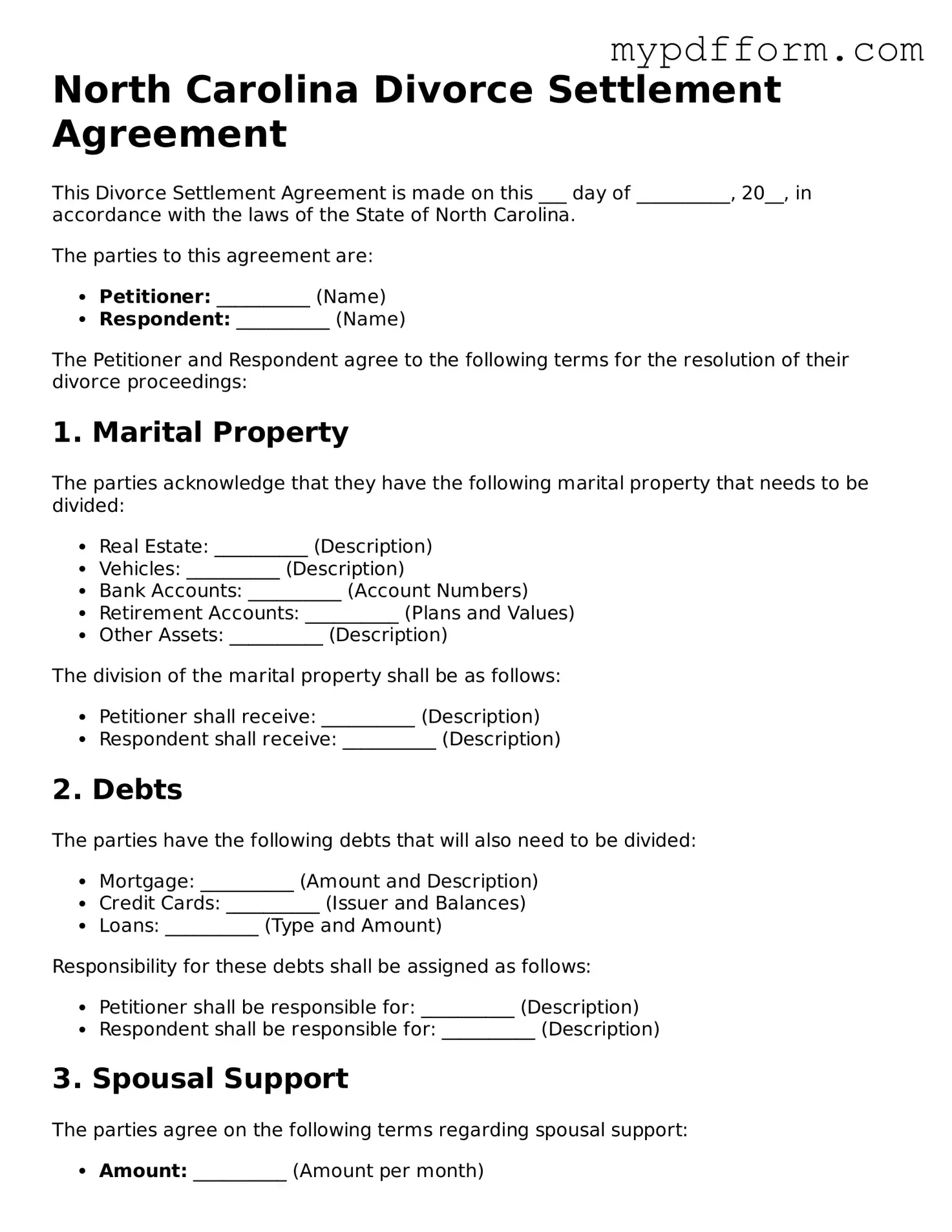 Valid  Divorce Settlement Agreement Template for North Carolina