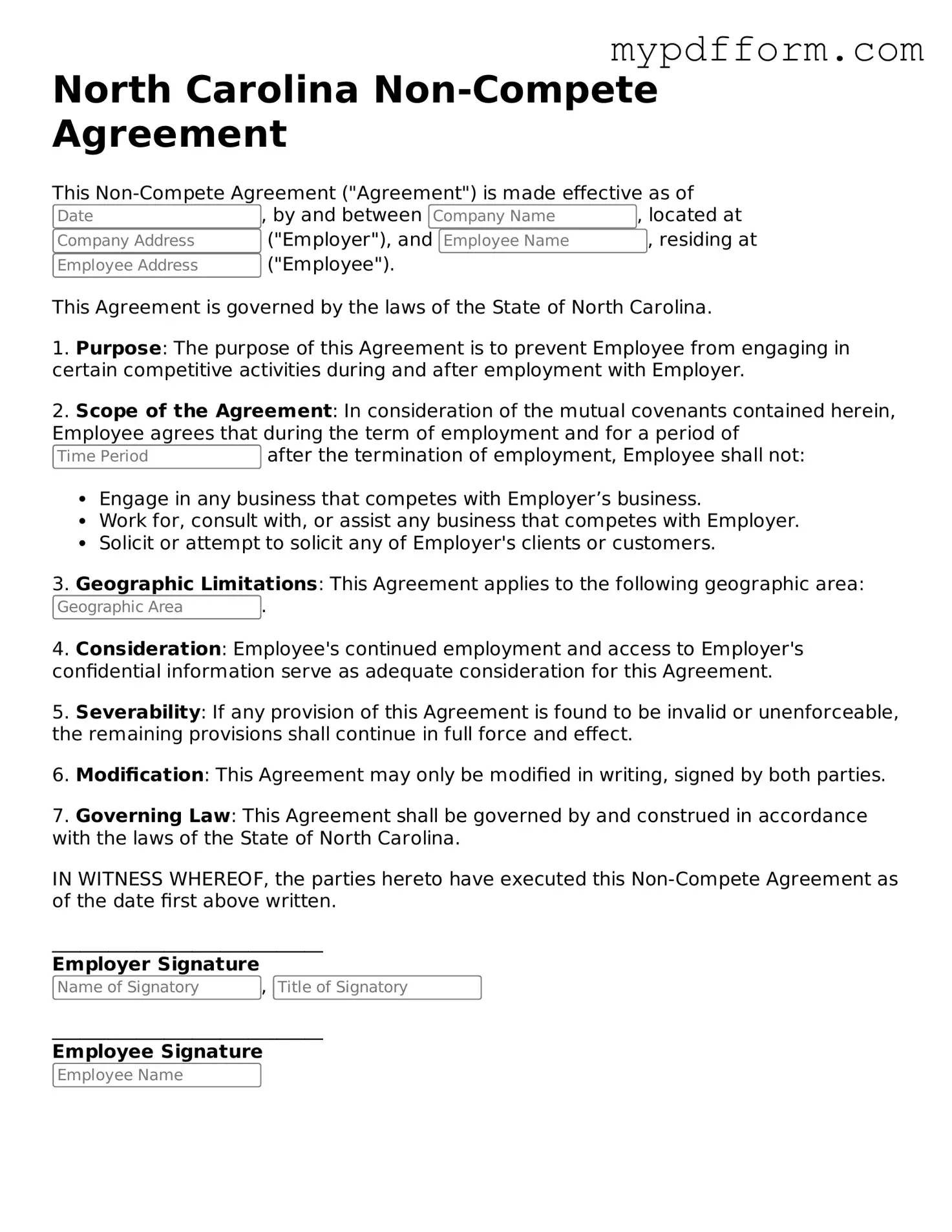 Valid  Non-compete Agreement Template for North Carolina