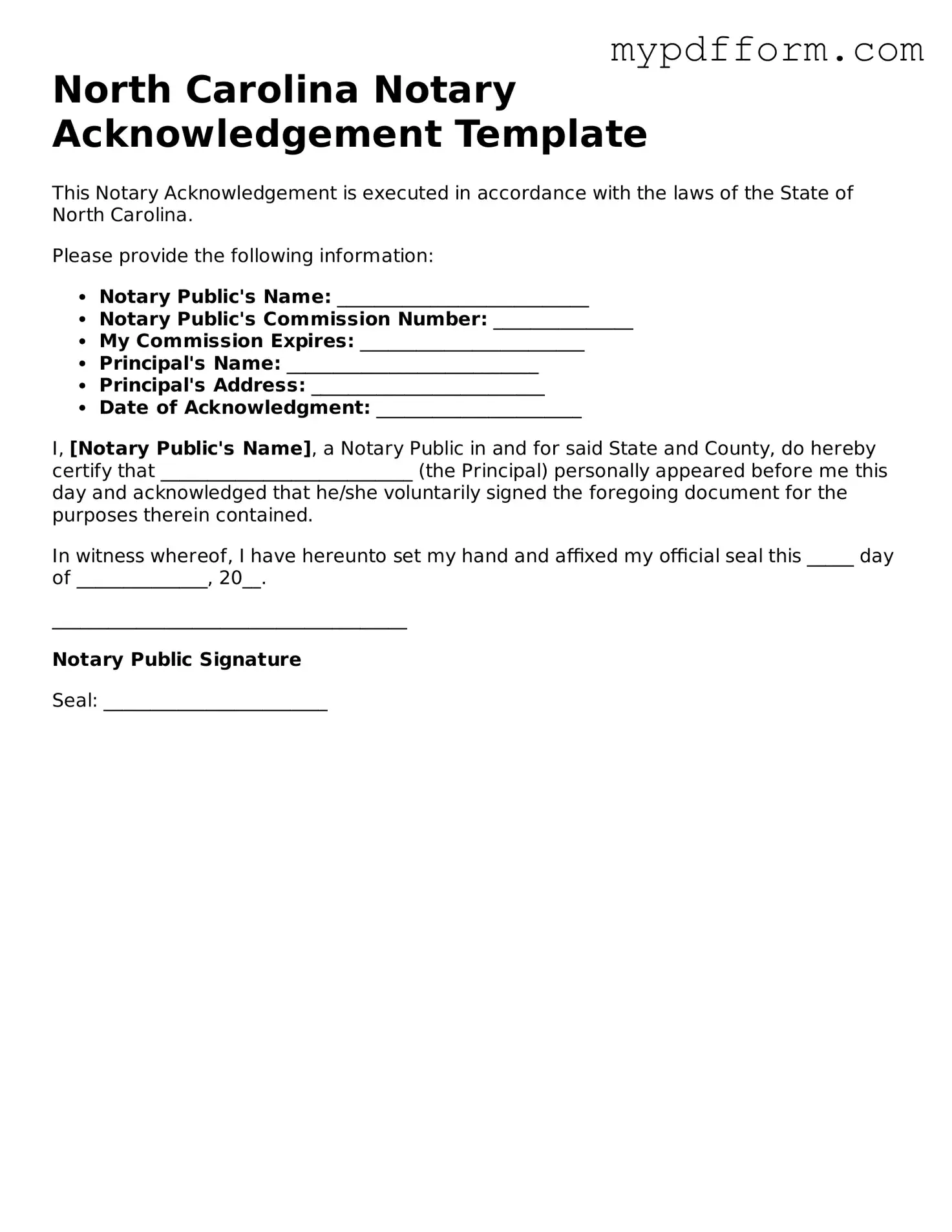 Valid  Notary Acknowledgement Template for North Carolina