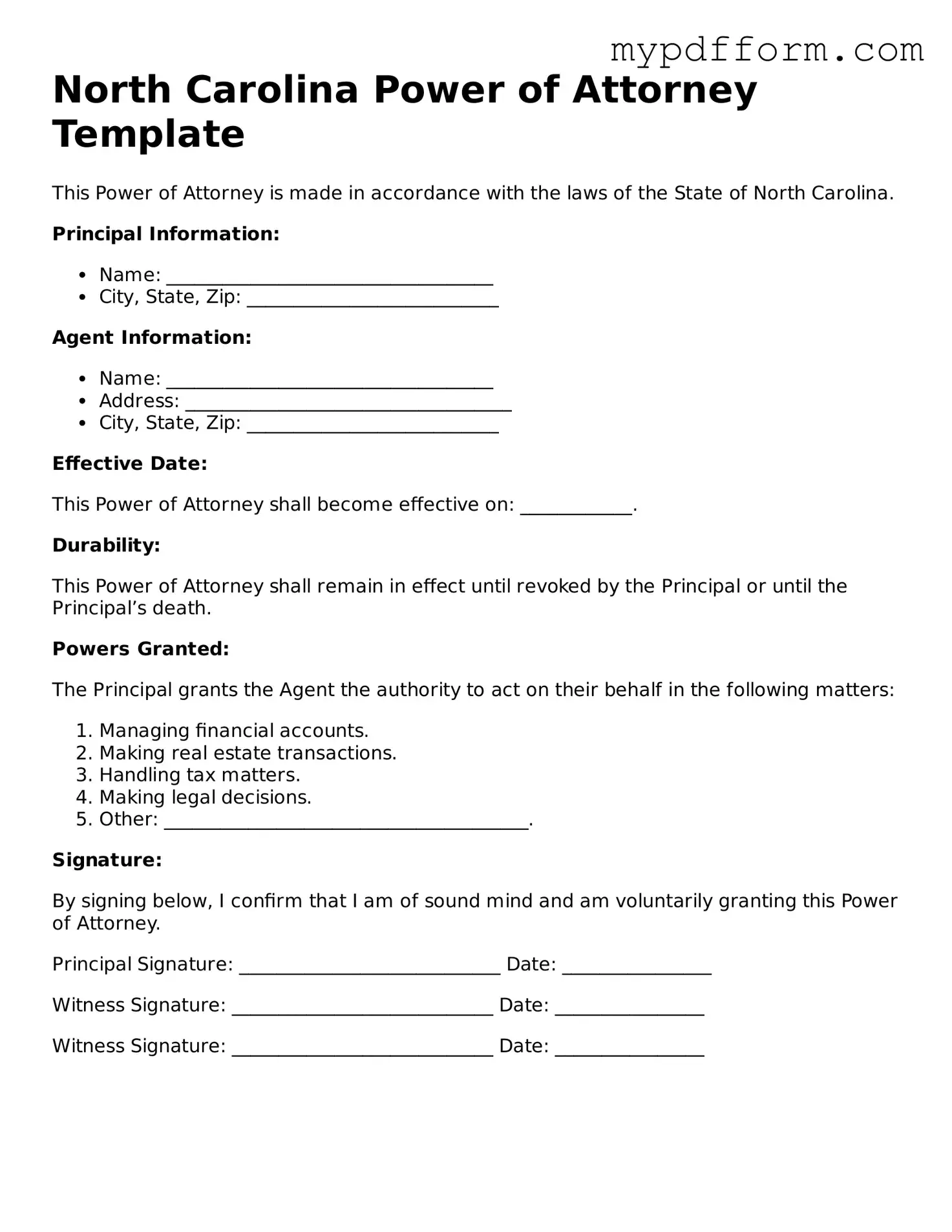Valid  Power of Attorney Template for North Carolina