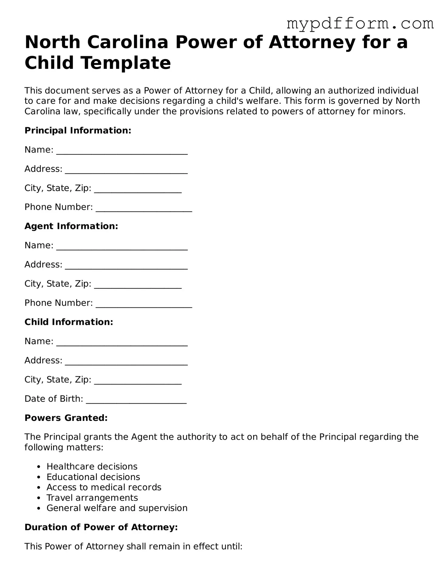 Valid  Power of Attorney for a Child Template for North Carolina