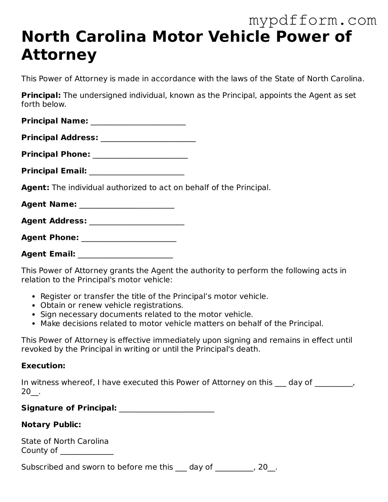 Valid  Motor Vehicle Power of Attorney Template for North Carolina