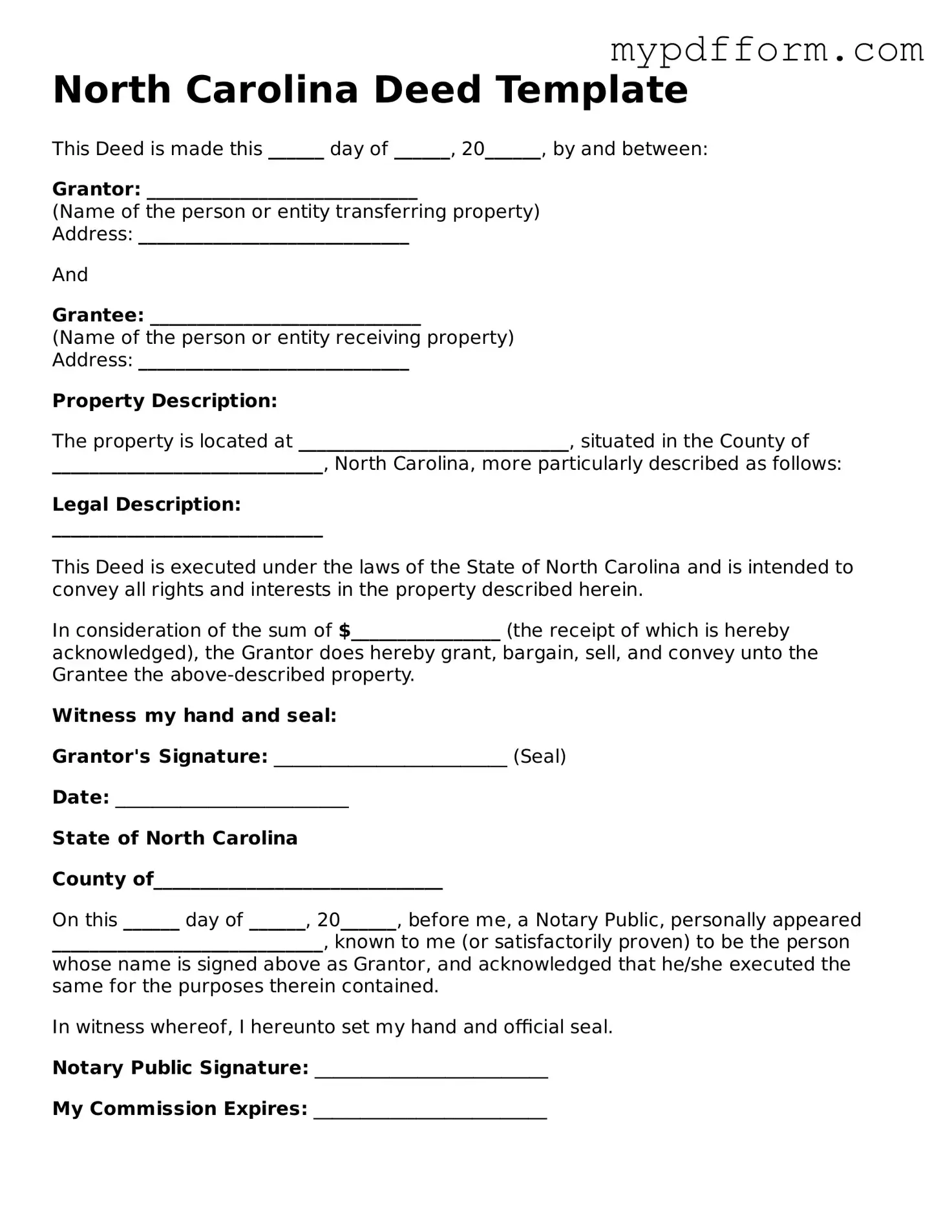 Valid  Deed Template for North Carolina