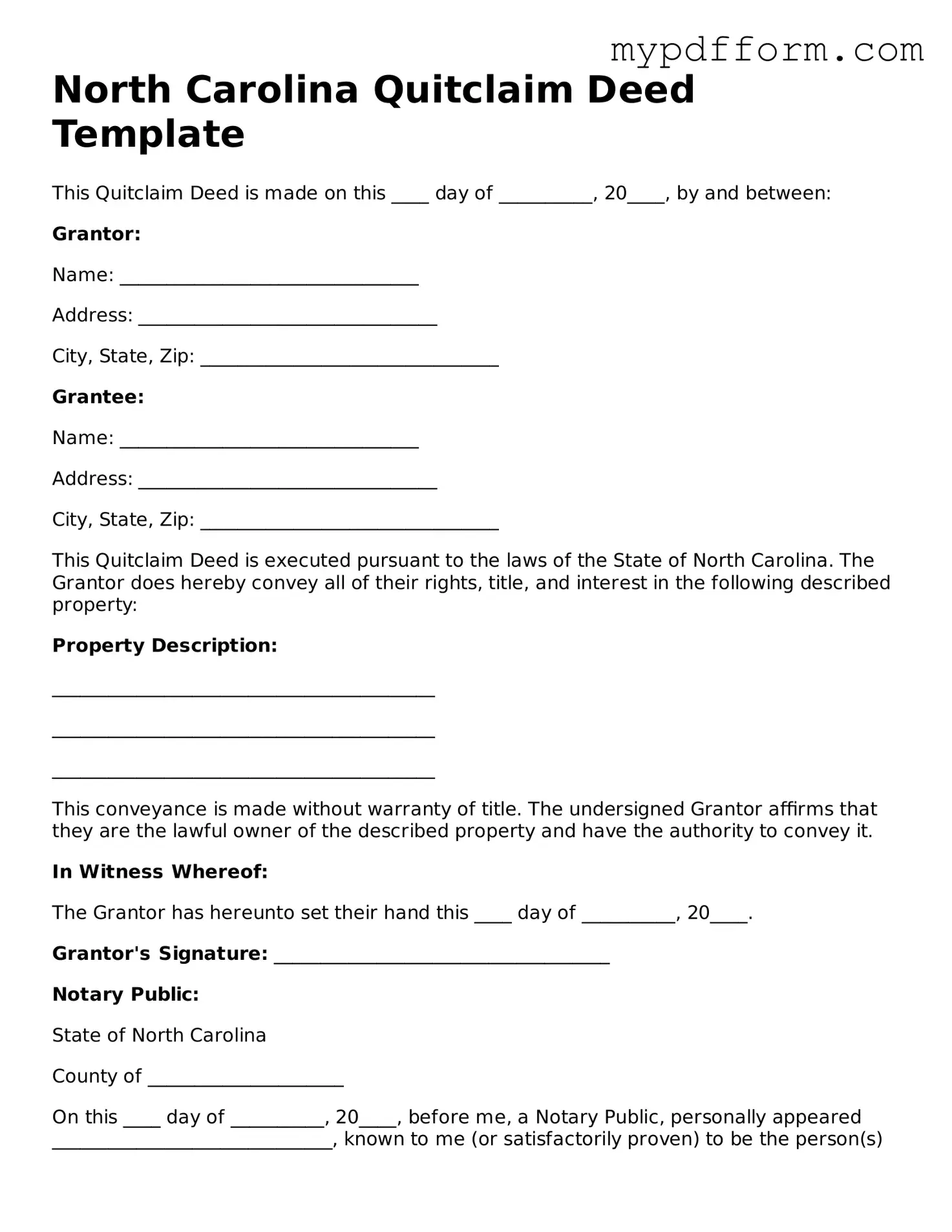 Valid  Quitclaim Deed Template for North Carolina