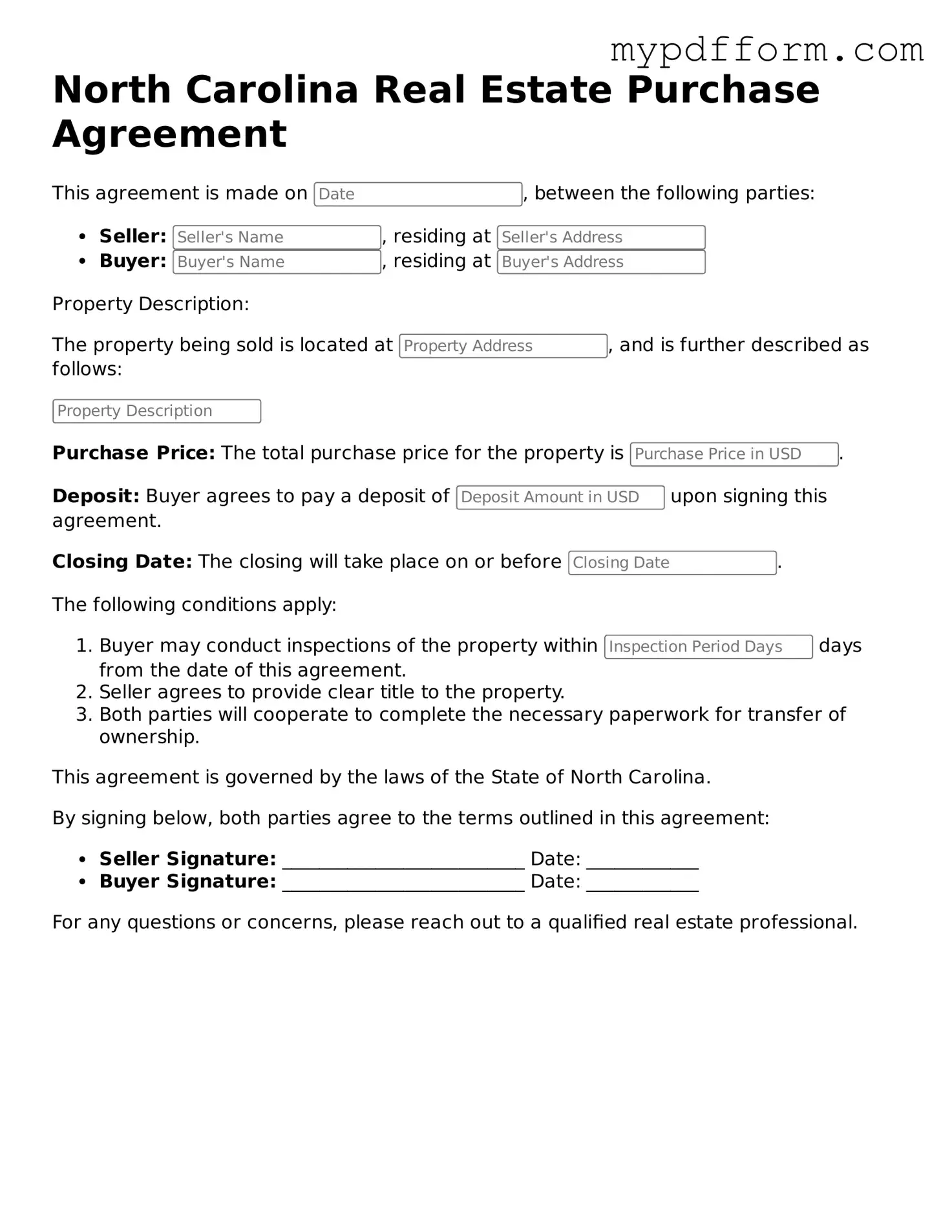 Valid  Real Estate Purchase Agreement Template for North Carolina