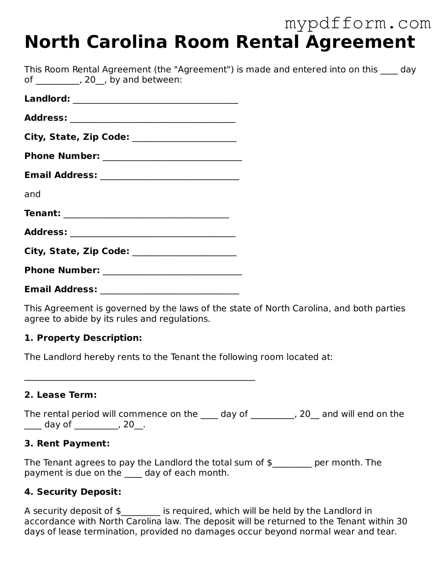 Valid  Room Rental Agreement Template for North Carolina