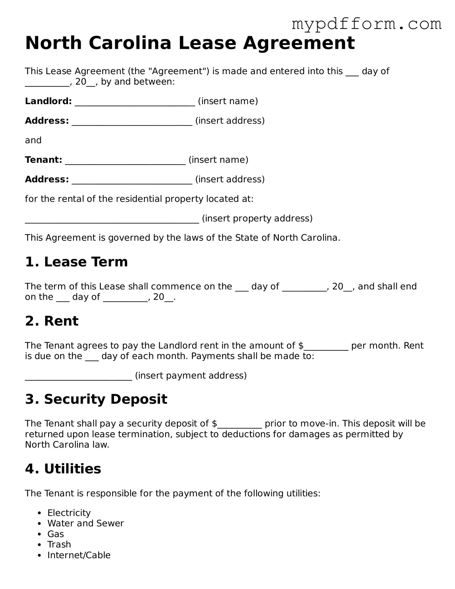 Valid  Lease Agreement Template for North Carolina