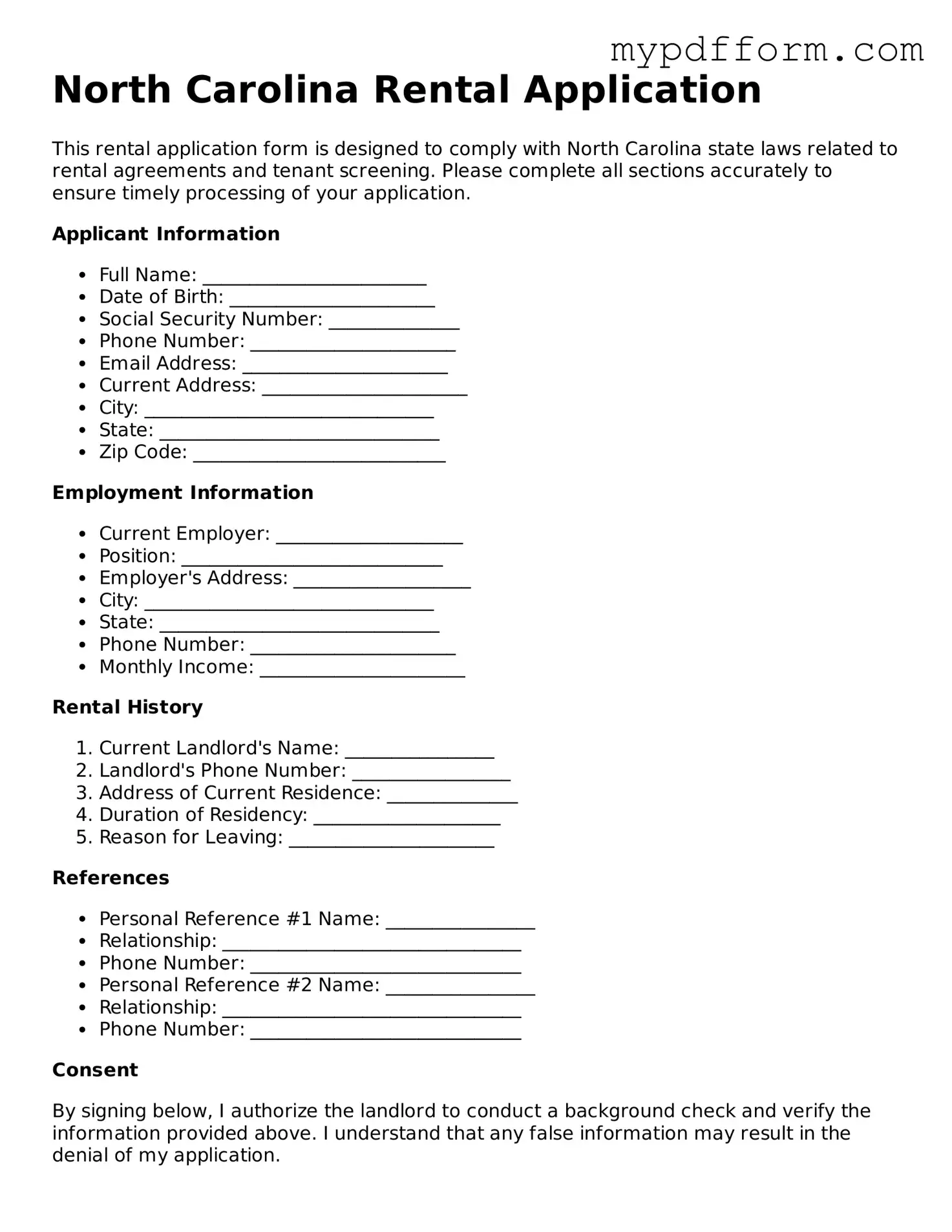 Valid  Rental Application Template for North Carolina