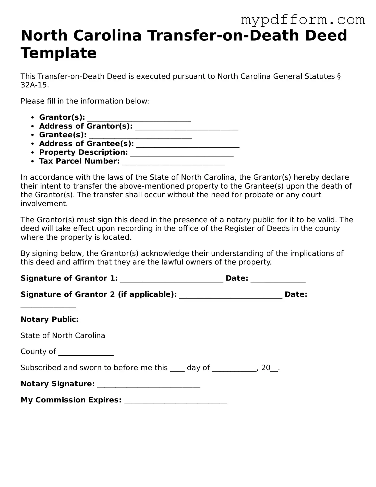 Valid  Transfer-on-Death Deed Template for North Carolina