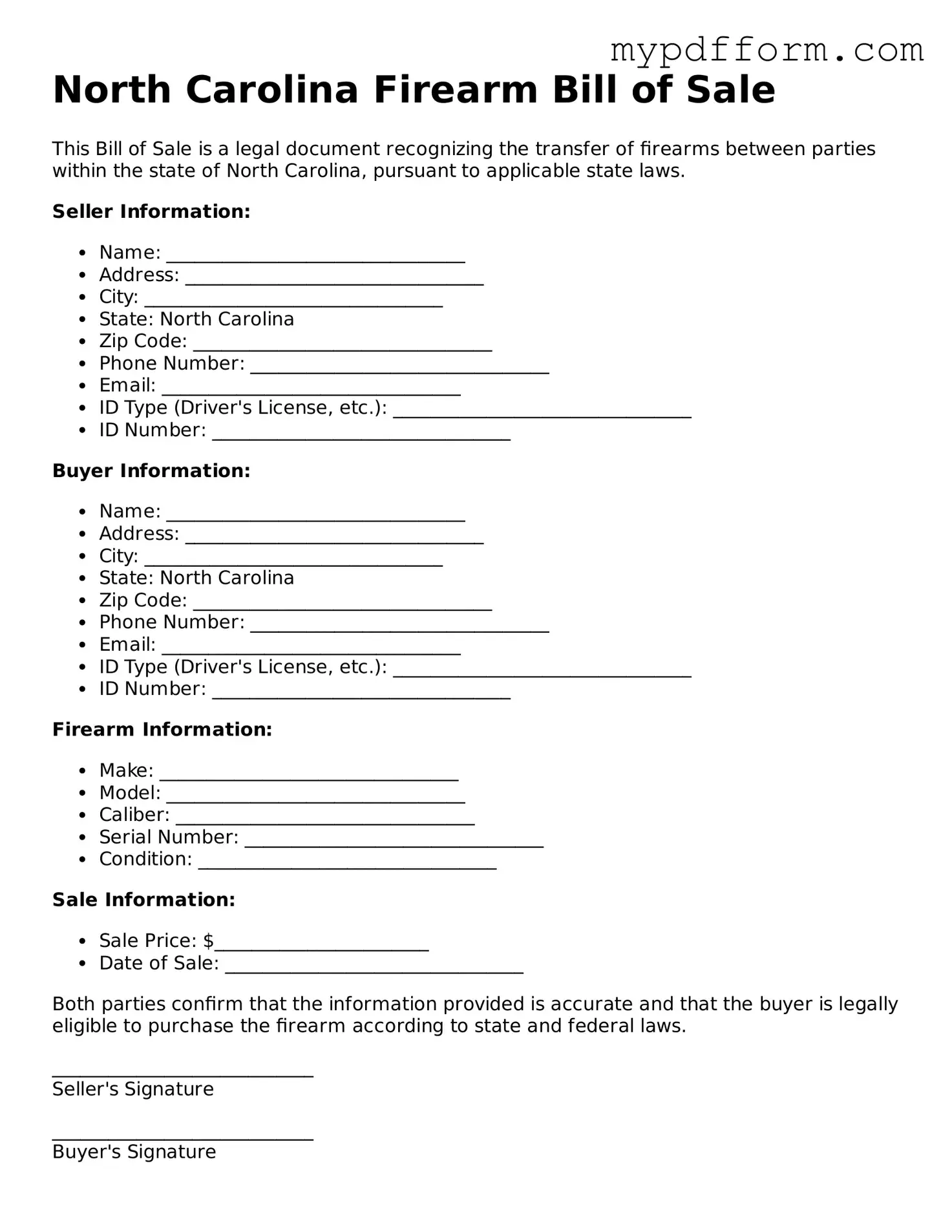 Valid  Firearm Bill of Sale Template for North Carolina