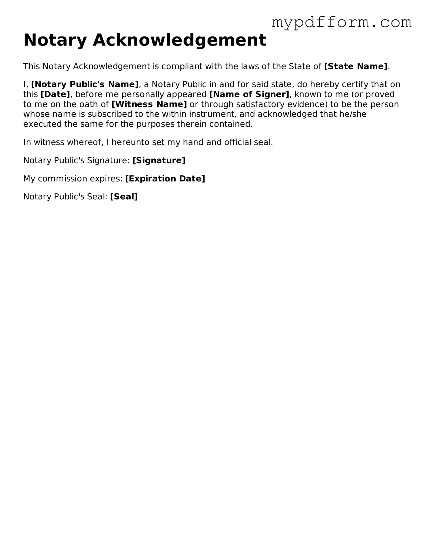 Fillable Notary Acknowledgement Document