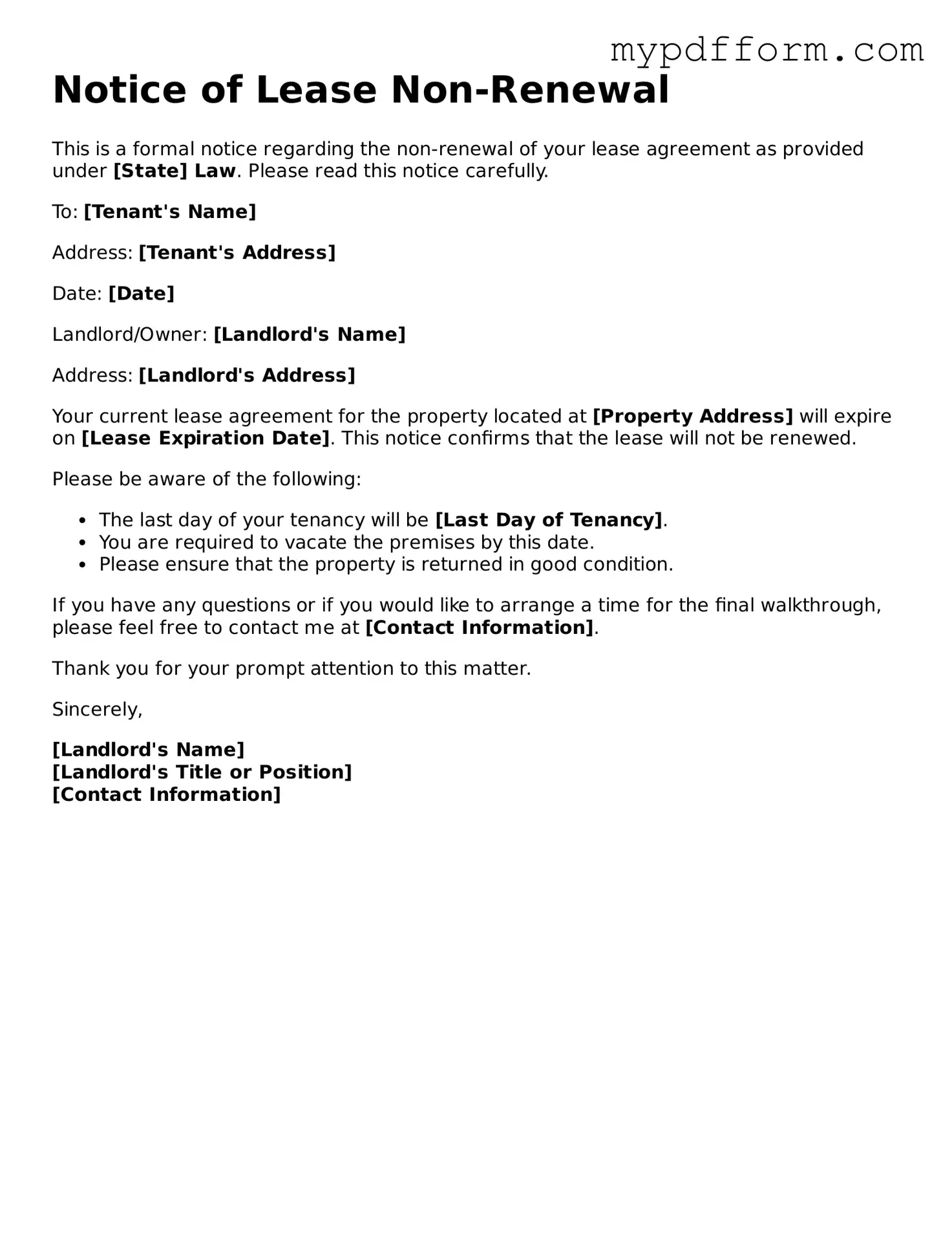 Fillable Notice of Lease Non-Renewal Document