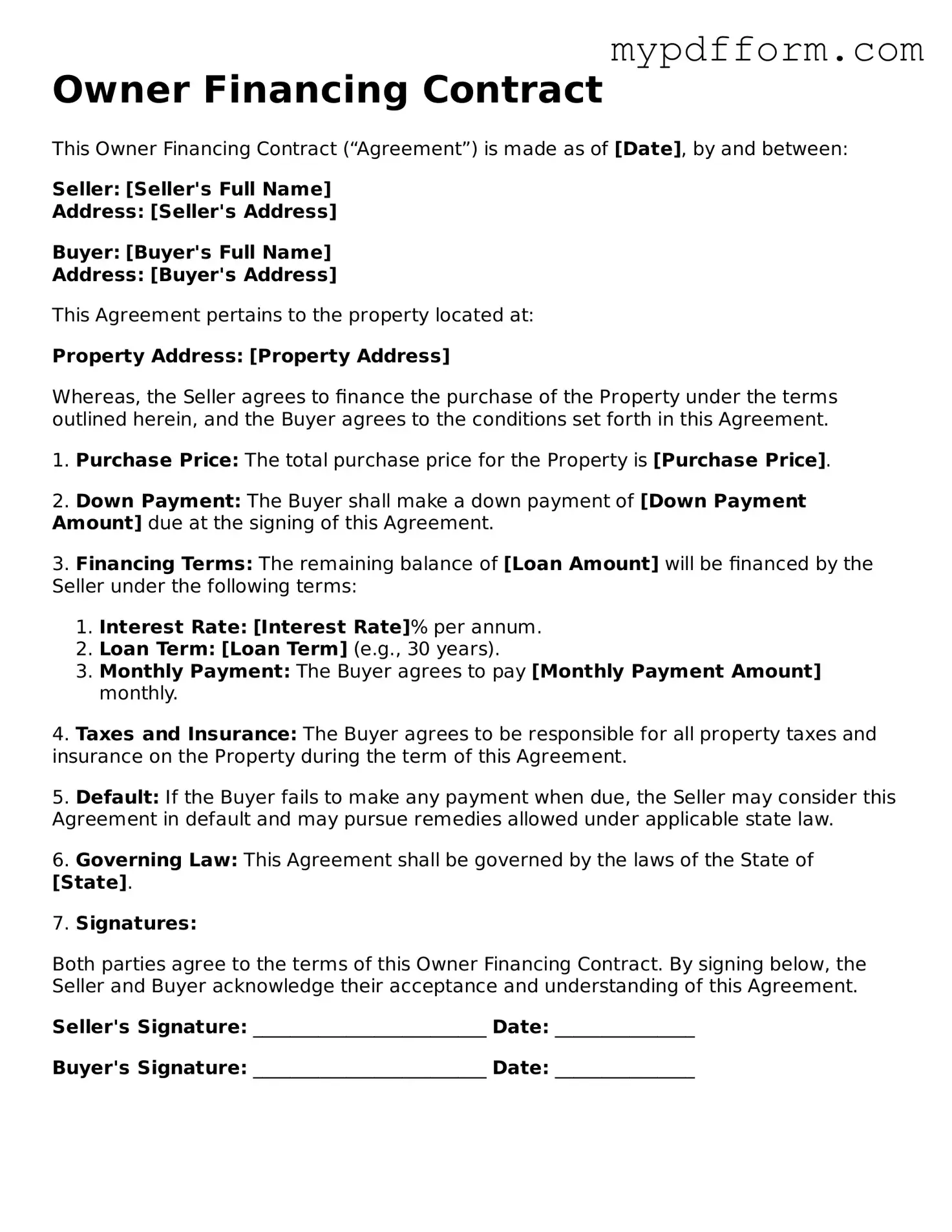 Fillable Owner Financing Contract Document