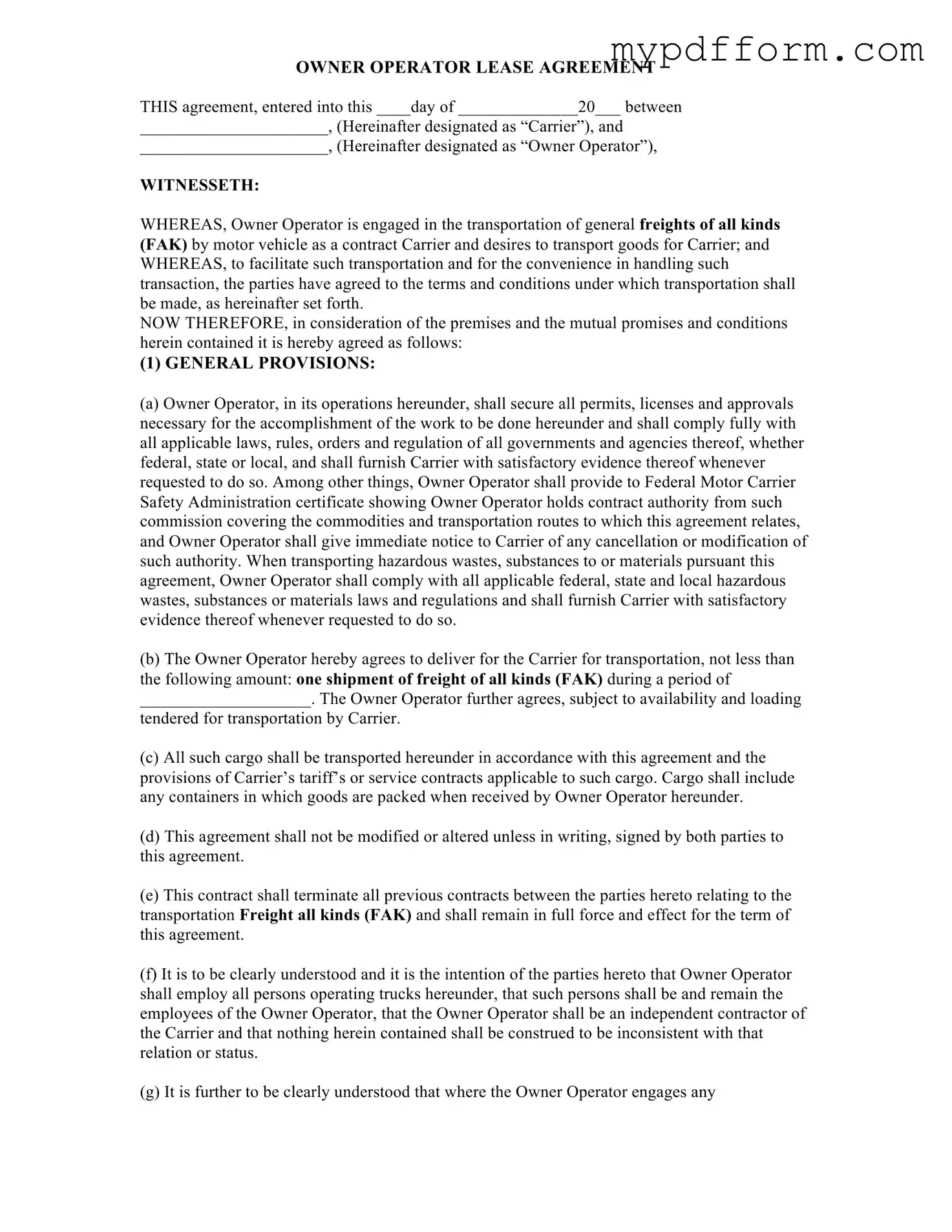 Fill in Your Owner Operator Lease Agreement Form