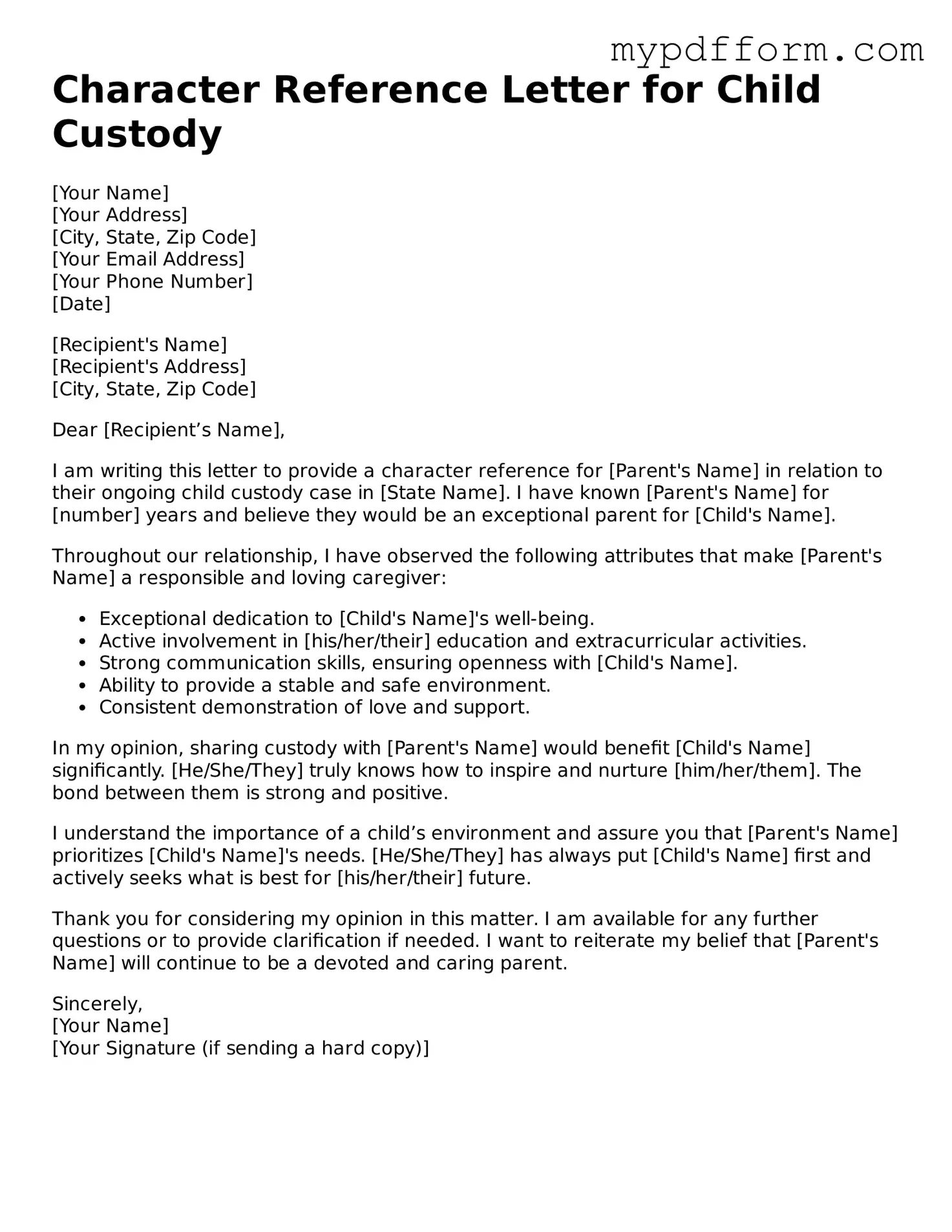 Fillable Character Reference Letter for Child Custody Document