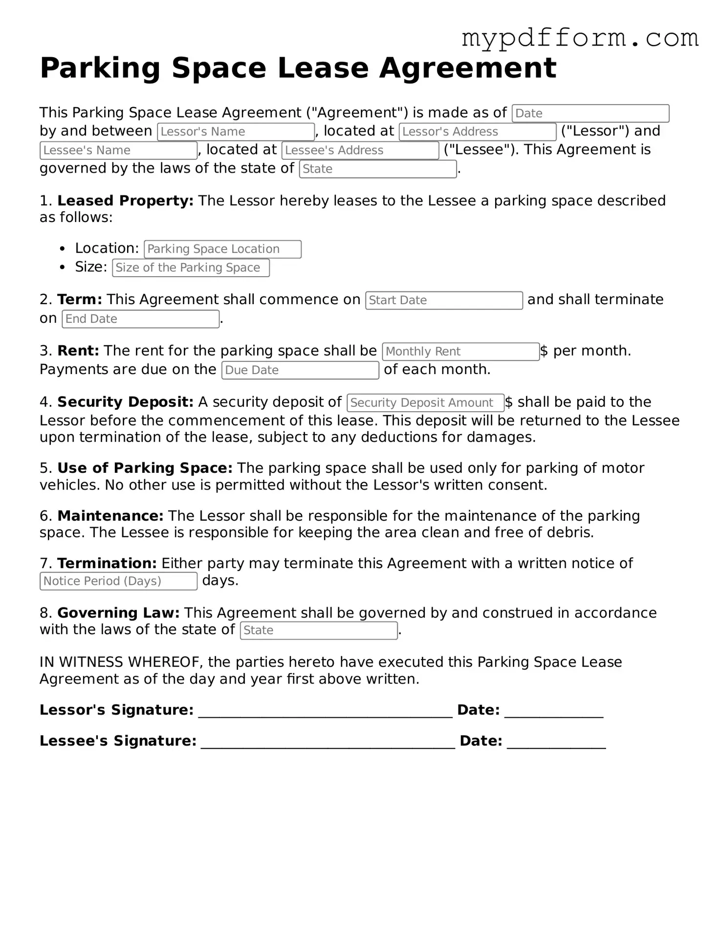 Fillable Parking Space Lease Agreement Document