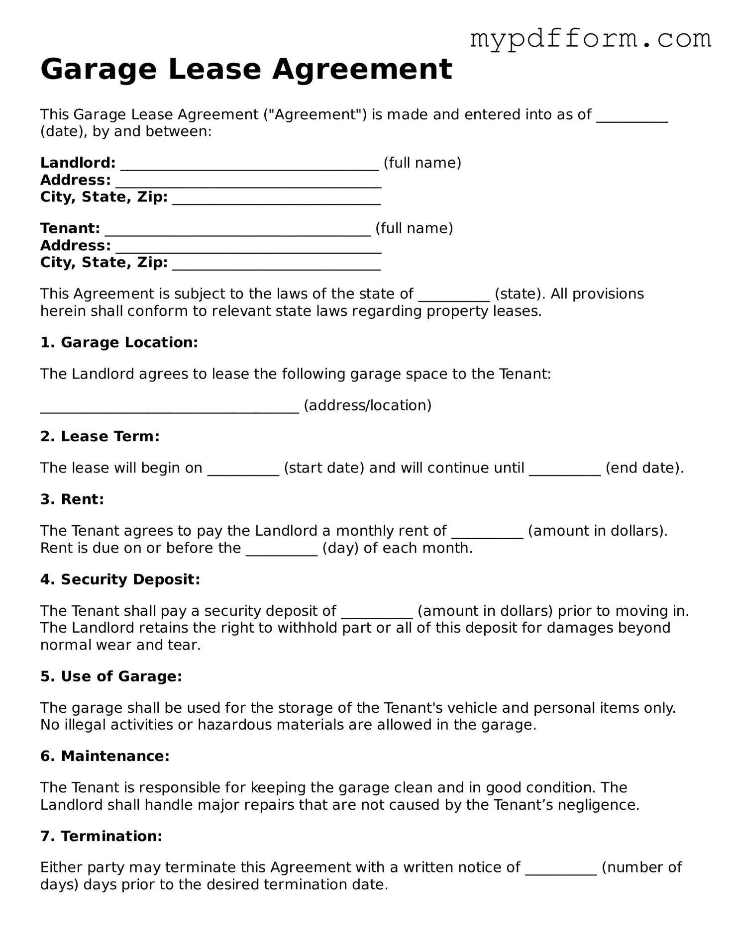 Fillable Garage Lease Agreement Document