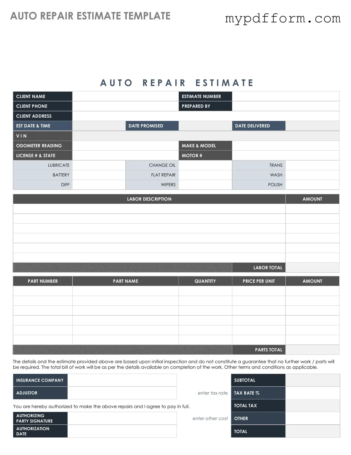 Fill in Your Auto Repair Estimate Form
