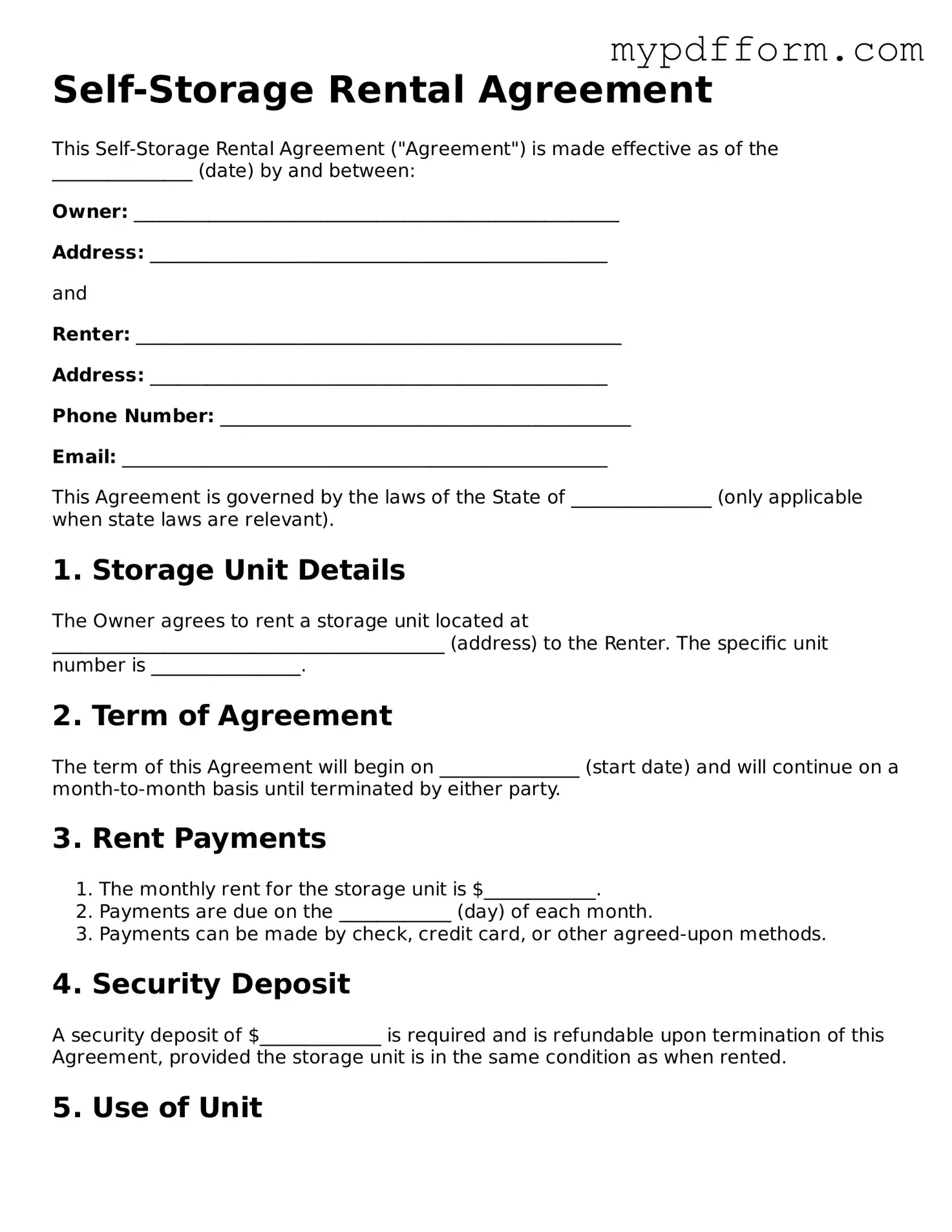 Fillable Self-Storage Rental Agreement Document