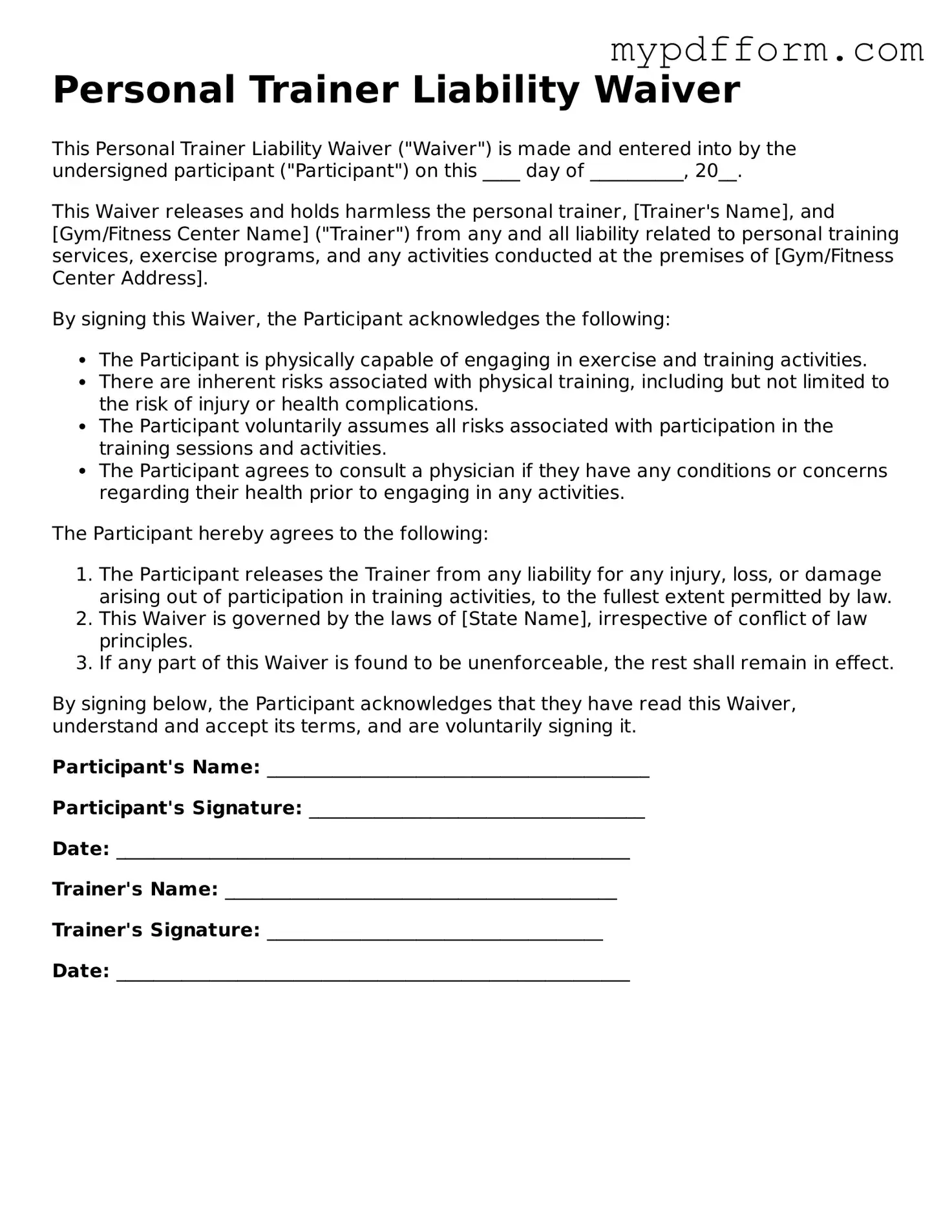 Fillable Personal Trainer Liability Waiver Document