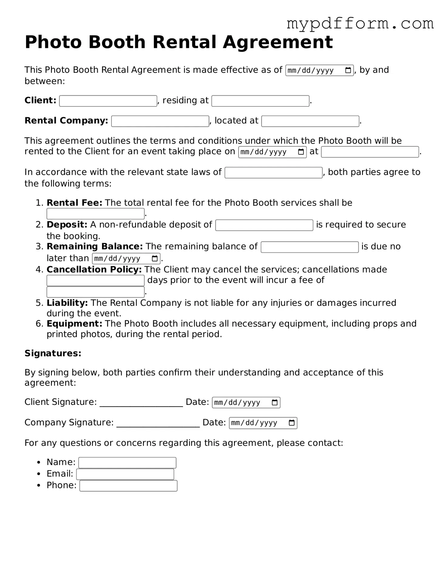 Fillable Photo Booth Rental Agreement Document
