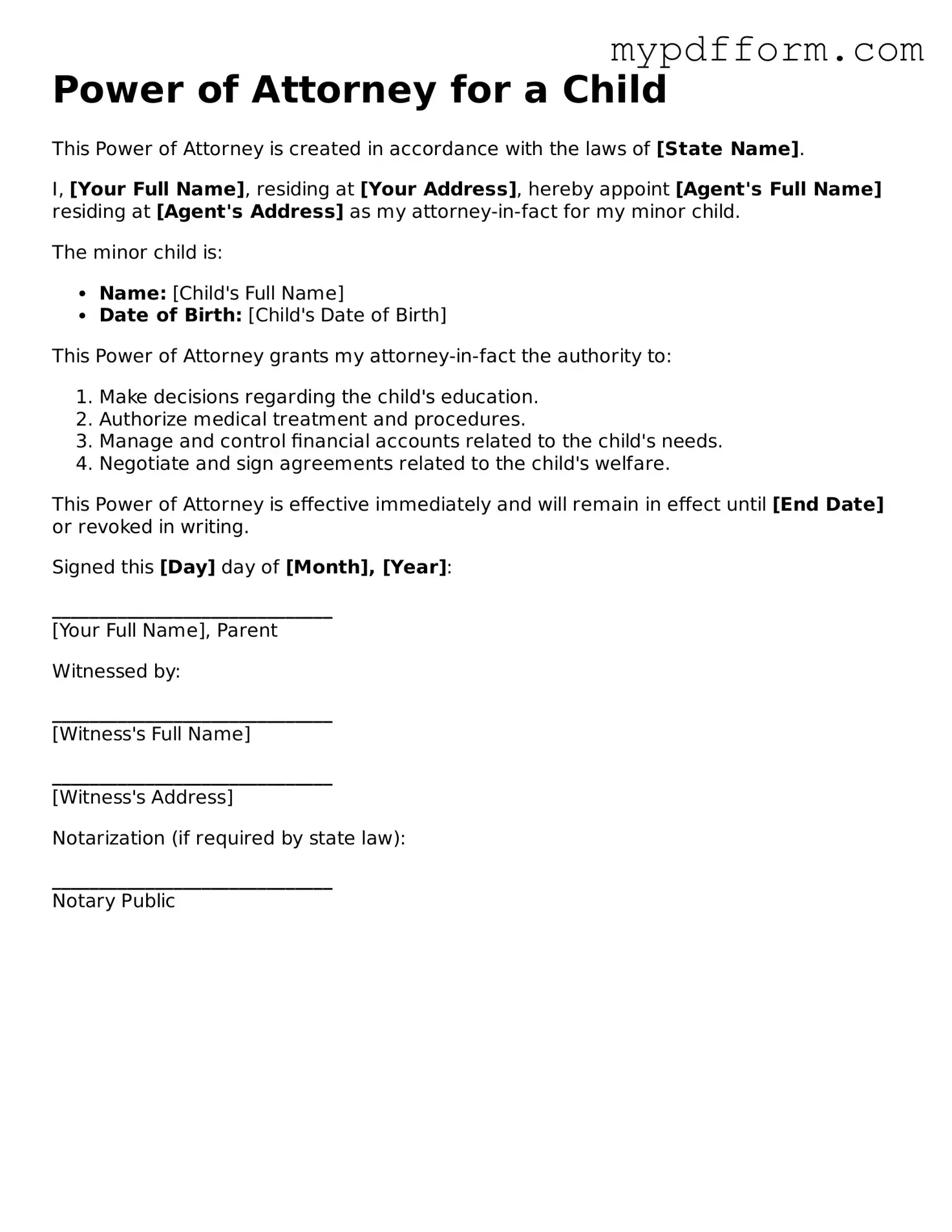 Fillable Power of Attorney for a Child Document