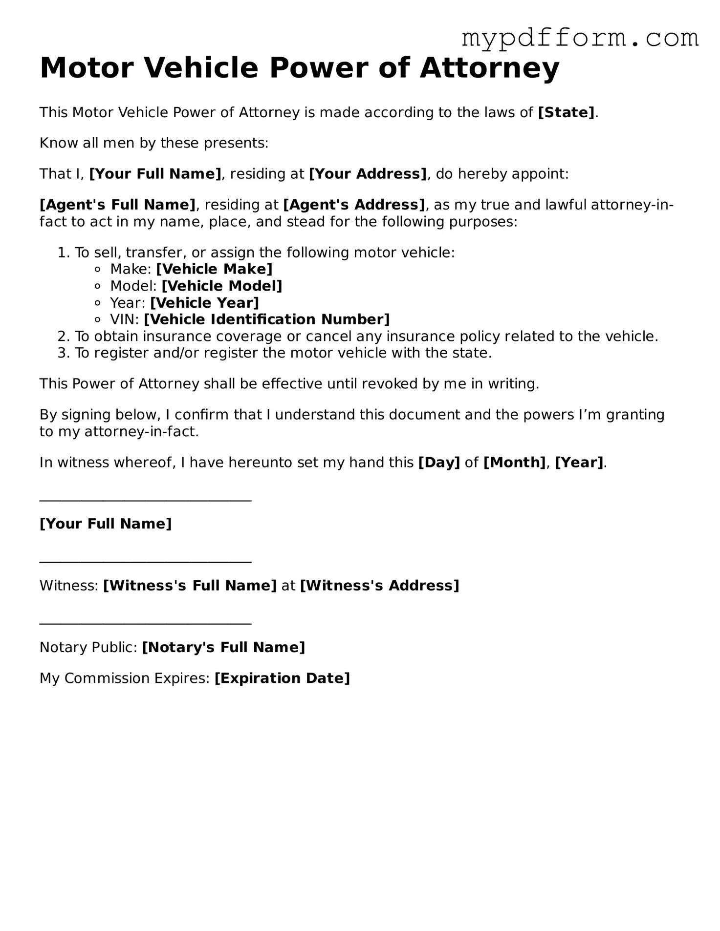 Fillable Motor Vehicle Power of Attorney Document