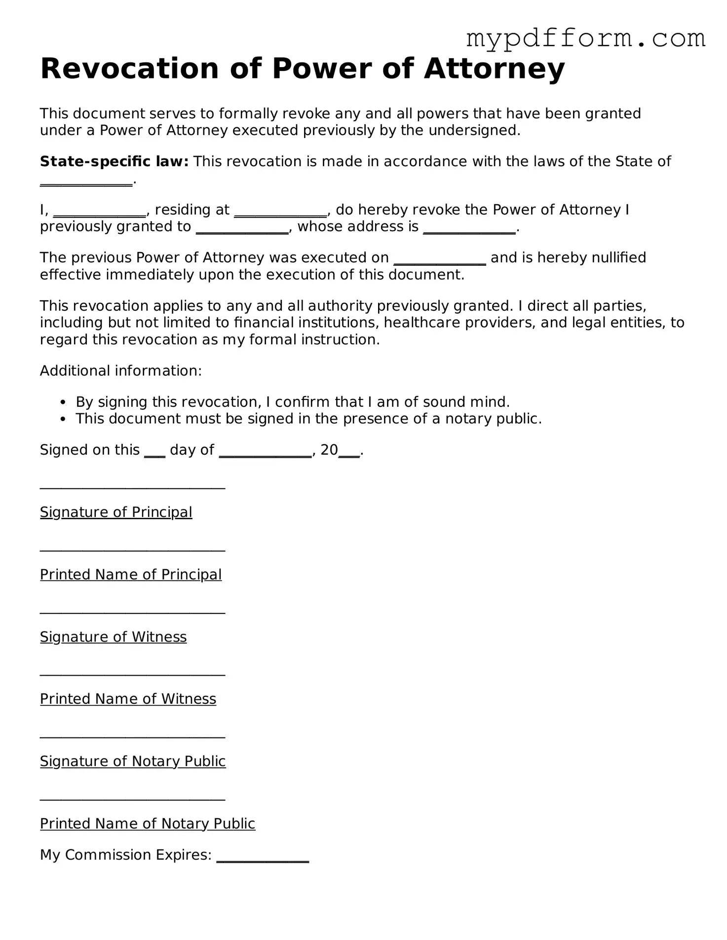 Fillable Revocation of Power of Attorney Document