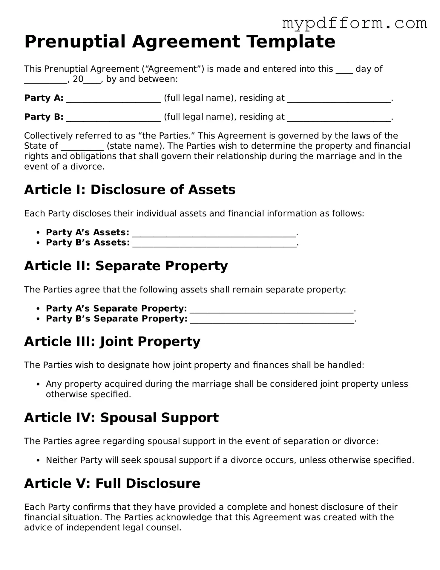 Fillable Prenuptial Agreement Document