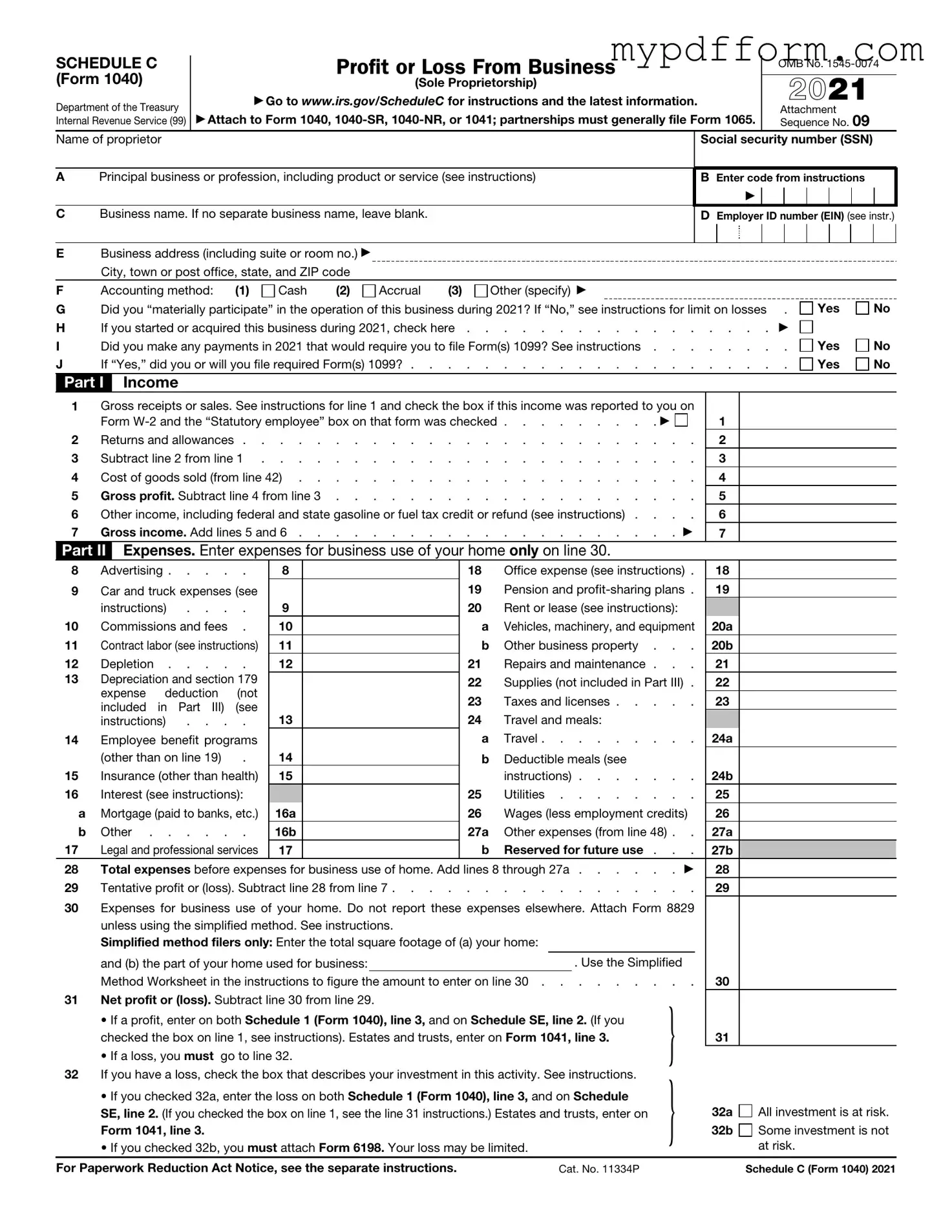 Fill in Your IRS Schedule C 1040 Form