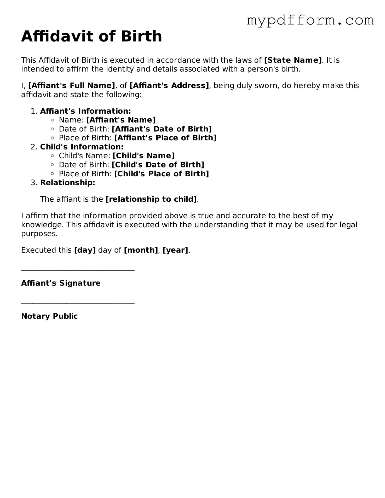 Fillable Affidavit of Birth Document