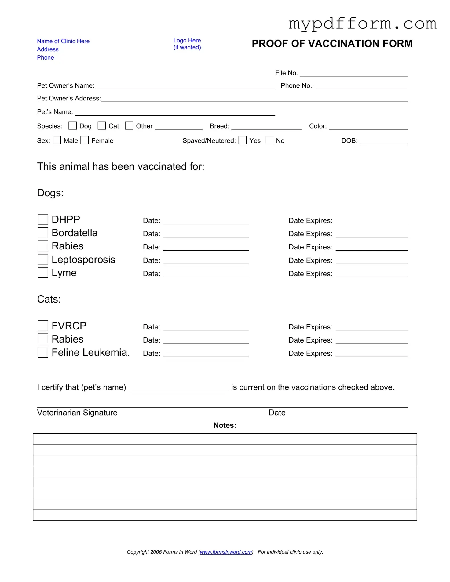 Fill in Your Proof Of Vaccination Dog Form