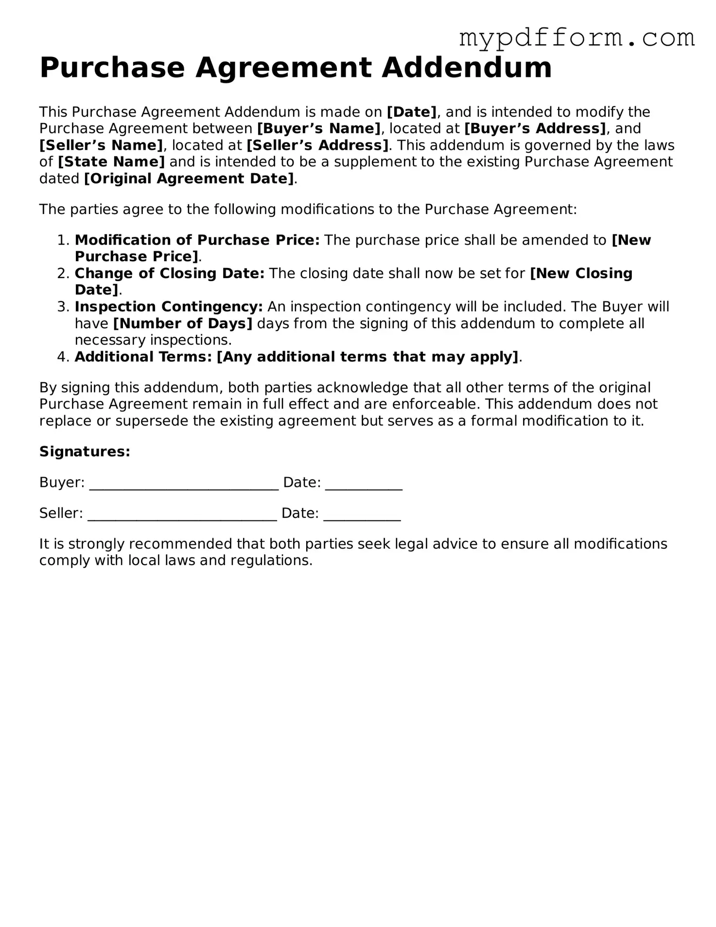 Fillable Purchase Agreement Addendum Document