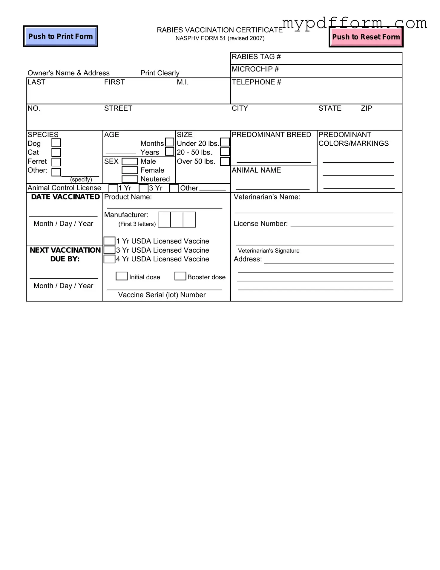 Fill in Your Rabies Certificate Form