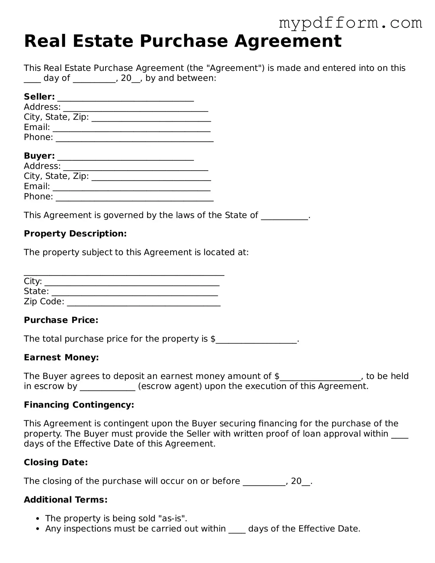 Fillable Real Estate Purchase Agreement Document