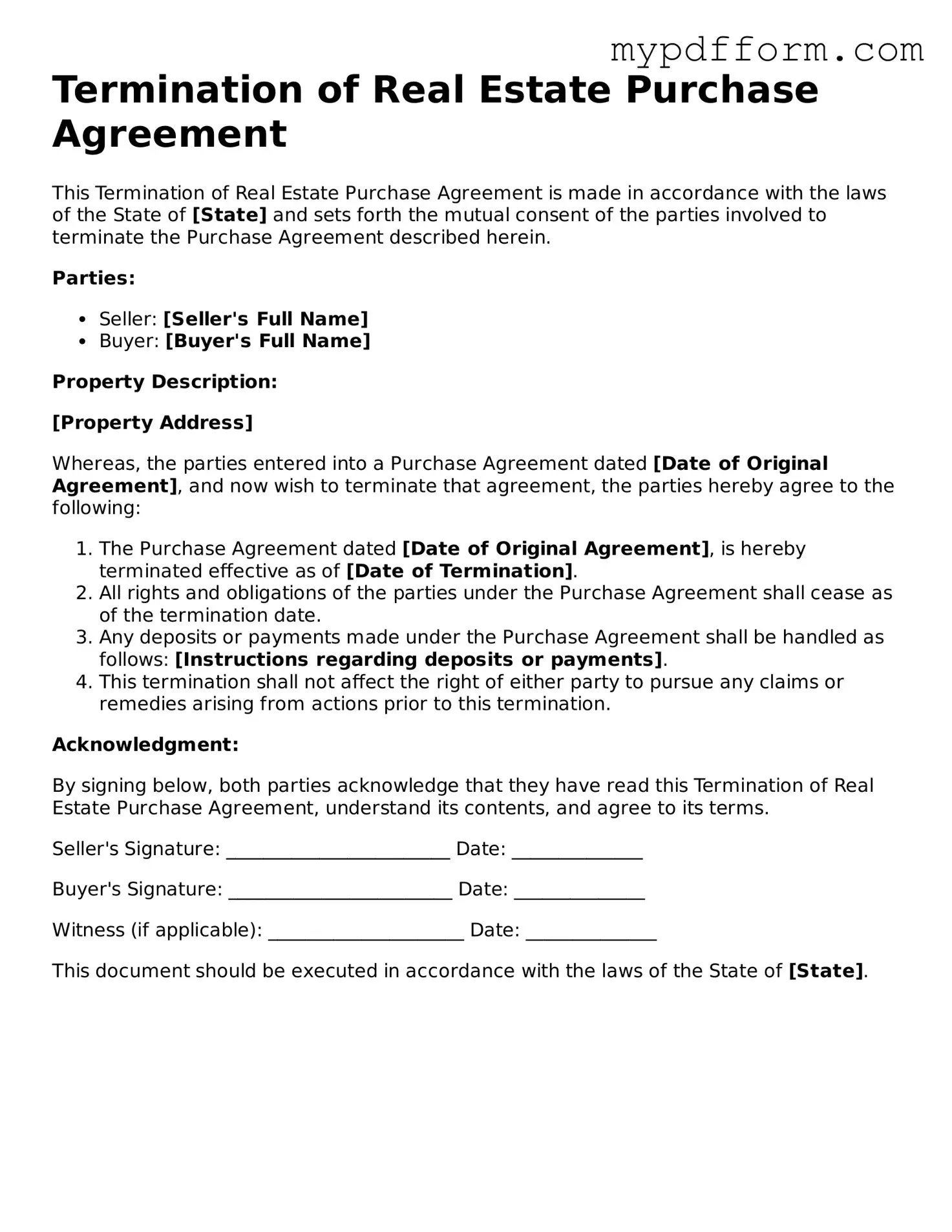 Fillable Termination of Real Estate Purchase Agreement Document