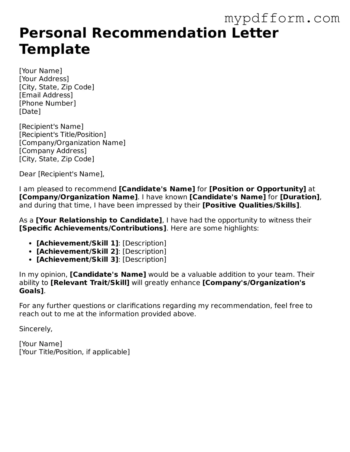 Fillable Recommendation Letter Document