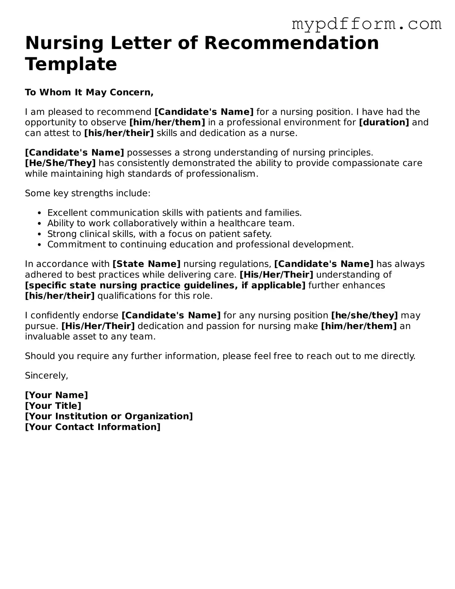 Fillable Nursing Letter of Recommendation Document