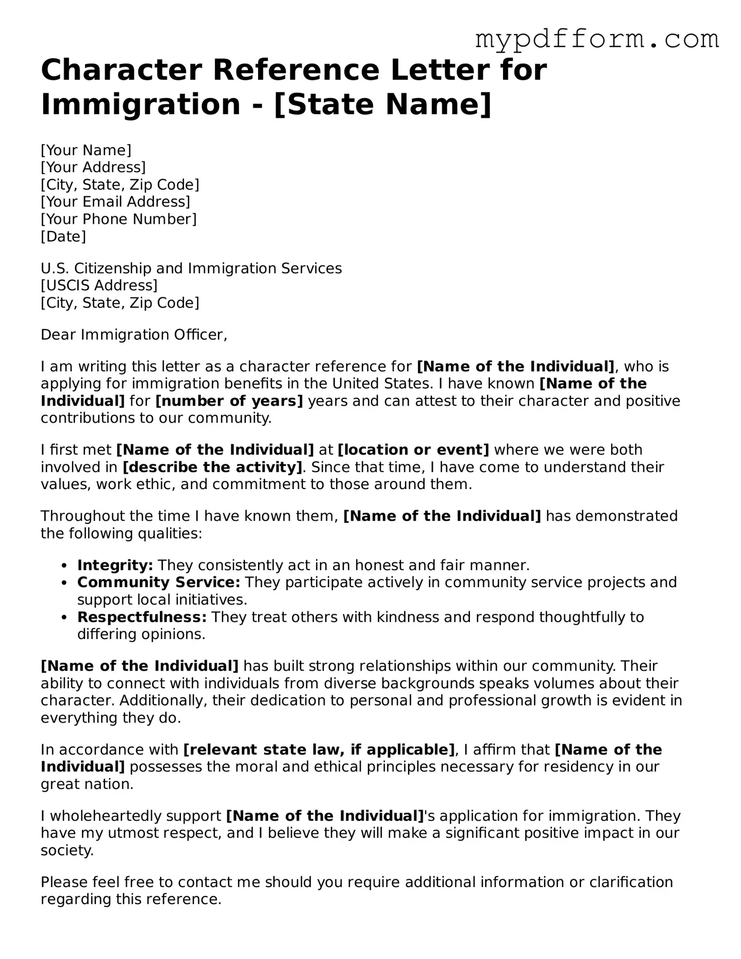 Fillable Character Reference Letter for Immigration Document