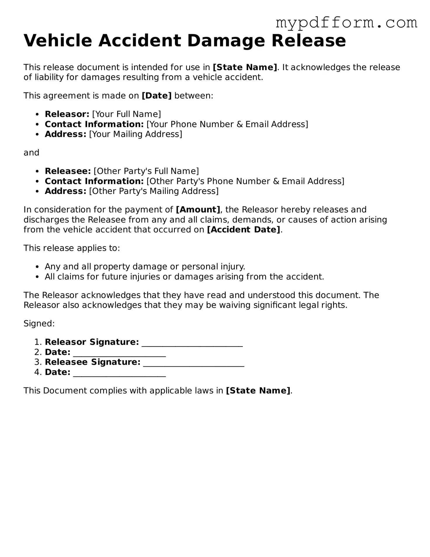 Fillable Vehicle Accident Damage Release Document