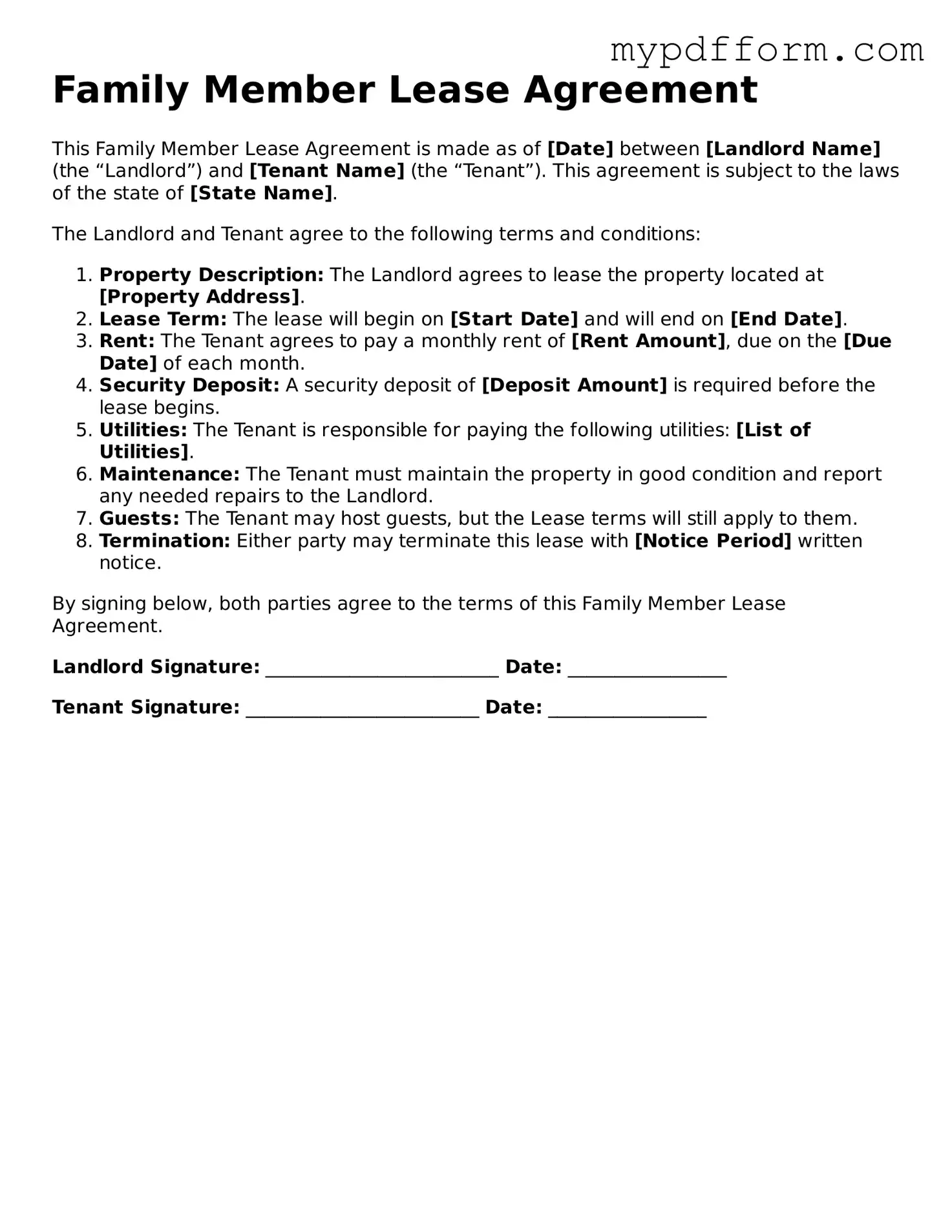 Fillable Family Member Lease Agreement Document